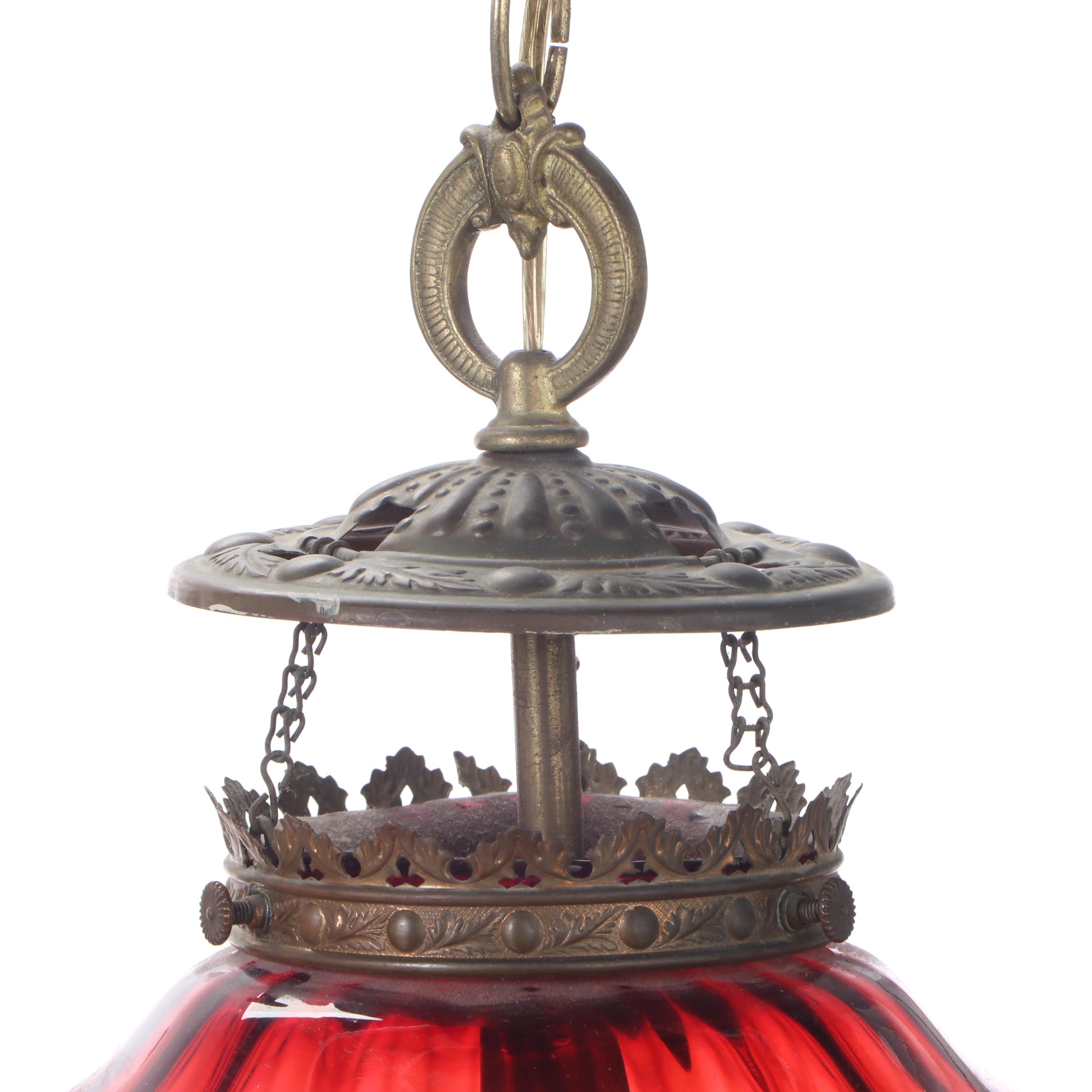 Cranberry Glass Brass Mounted Pendant Light and Hanging Kerosene Oil