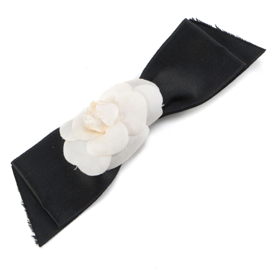 Chanel Ivory Camellia Flower and Black Ribbon Brooch