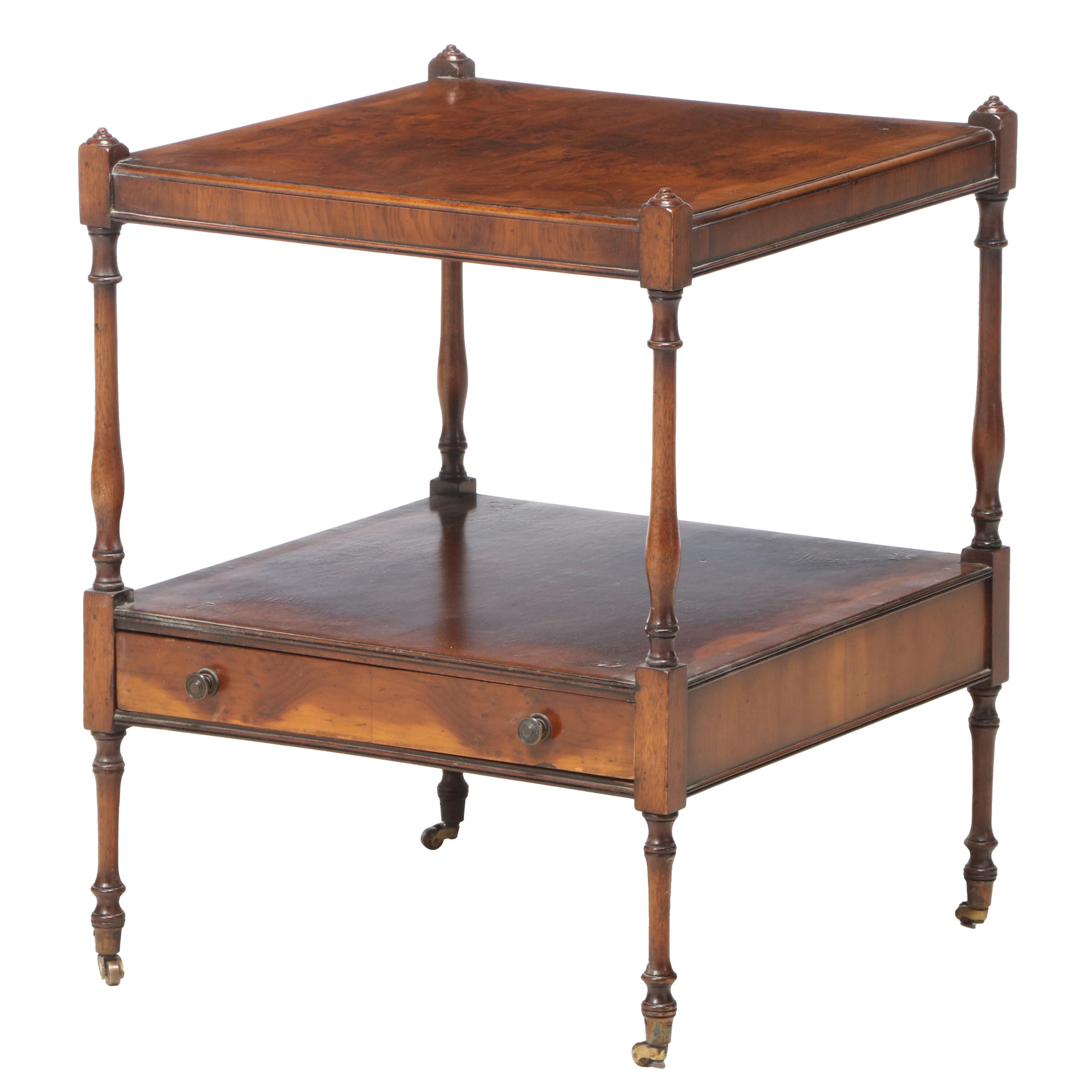 Regency Style Burr Yew and Crossbanded Two-Tier Side Table, 20th Century