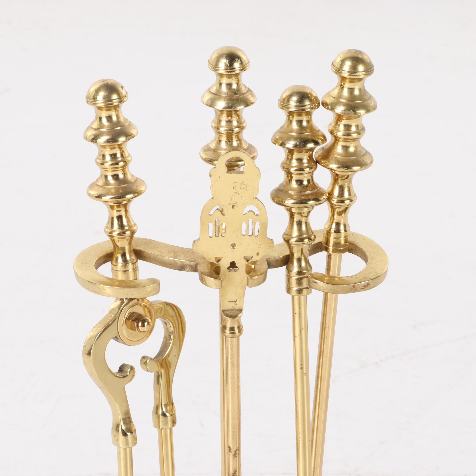 Set of Four Brass Fireplace Tools with Stand, 20th Century EBTH