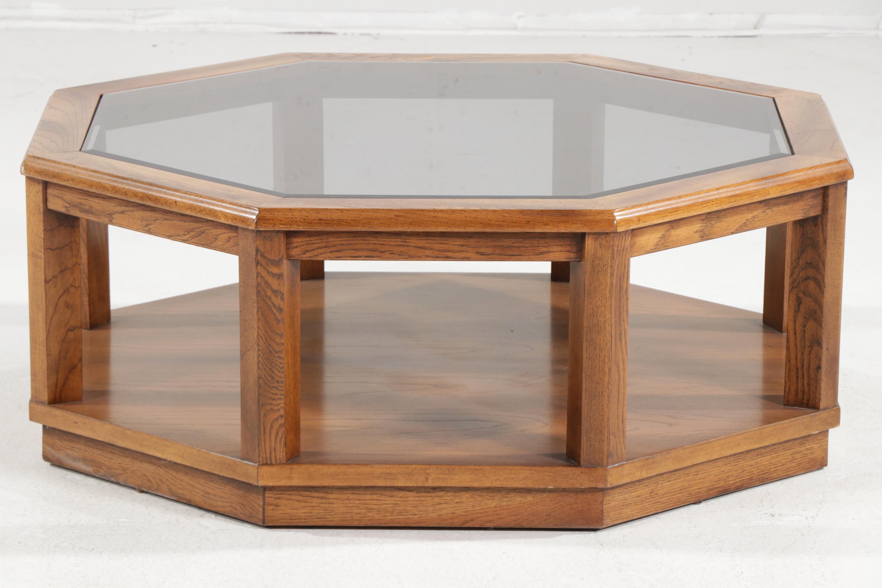 Octagonal Oak Coffee Table with Smoked Glass Top, Late 20th Century EBTH