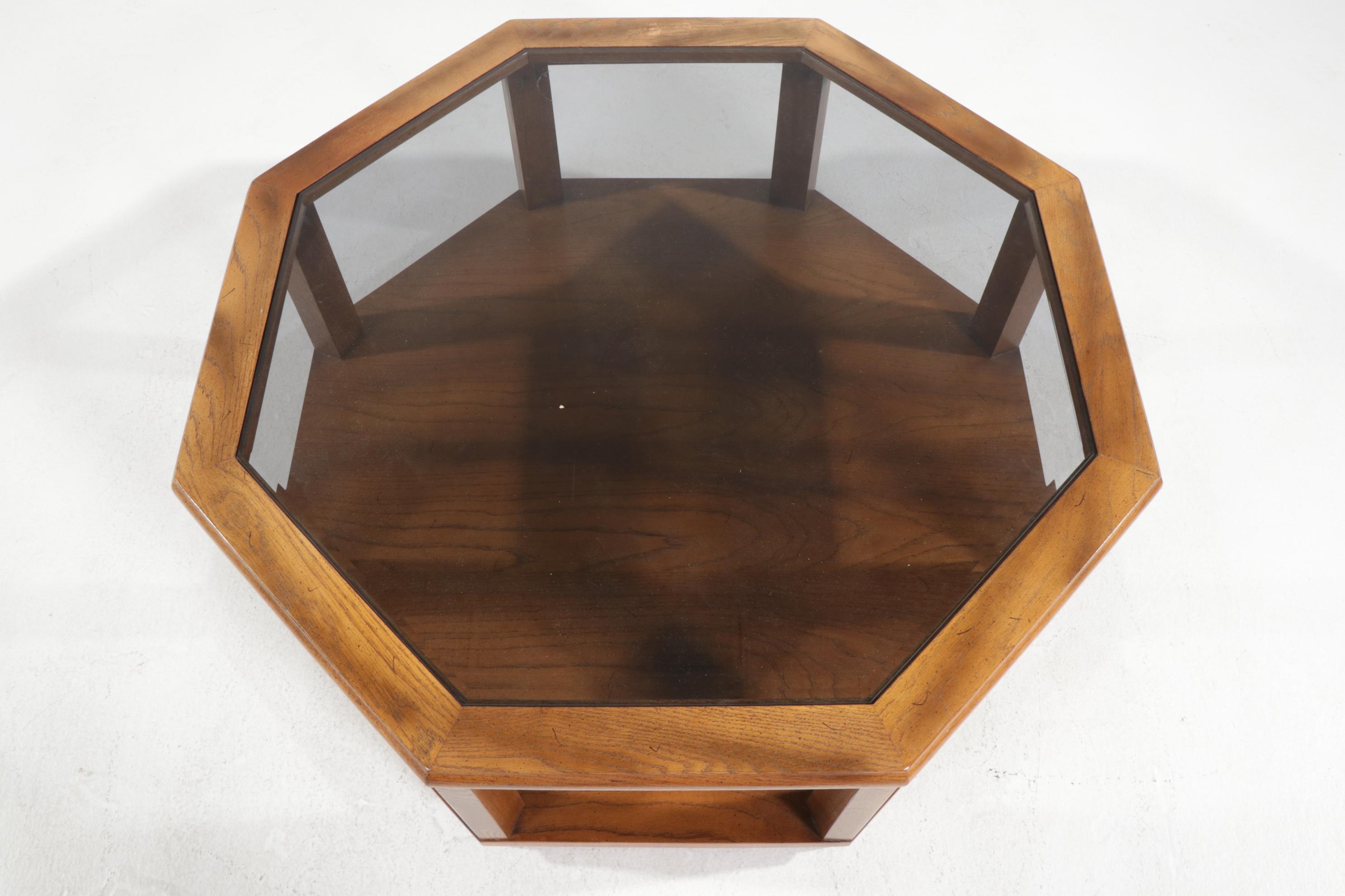 Octagonal Oak Coffee Table with Smoked Glass Top, Late 20th Century EBTH
