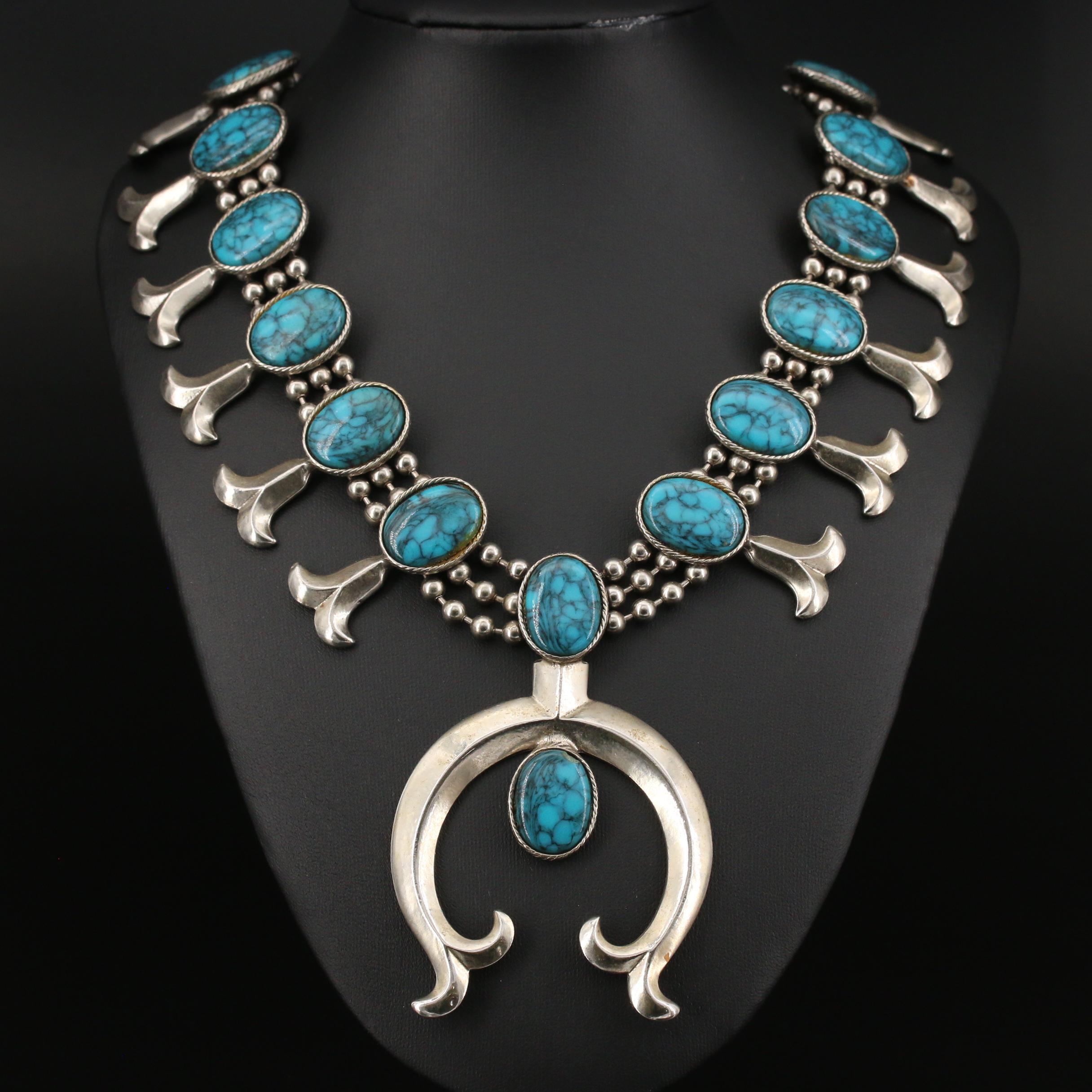 Vintage Goldette Faux Turquoise Squash Blossom Necklace EBTH