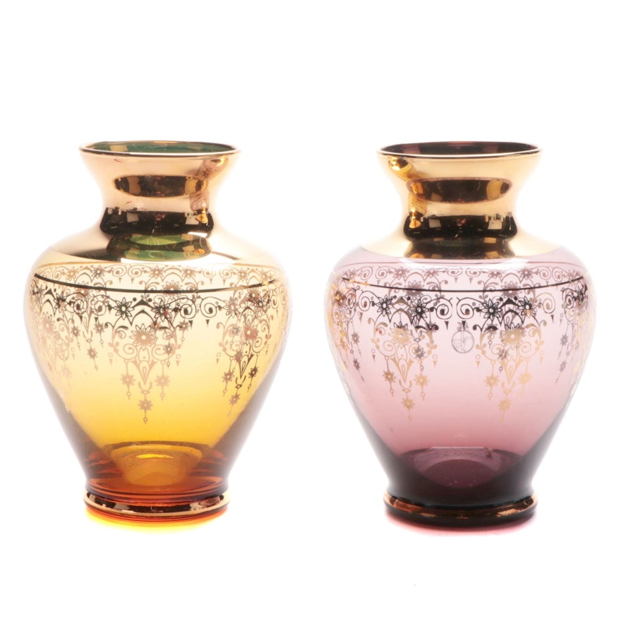 Ferro & Lazzarini Italian Gilt Embellished Glass Vases