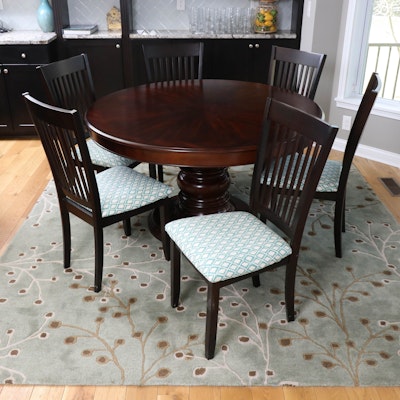 Walnut-Stained Round Pedestal Dining Table with Six Coaster "Sanders" Chairs Walnut-Stained Round Pedestal Dining Table with Six Coaster "Sanders" Chairs