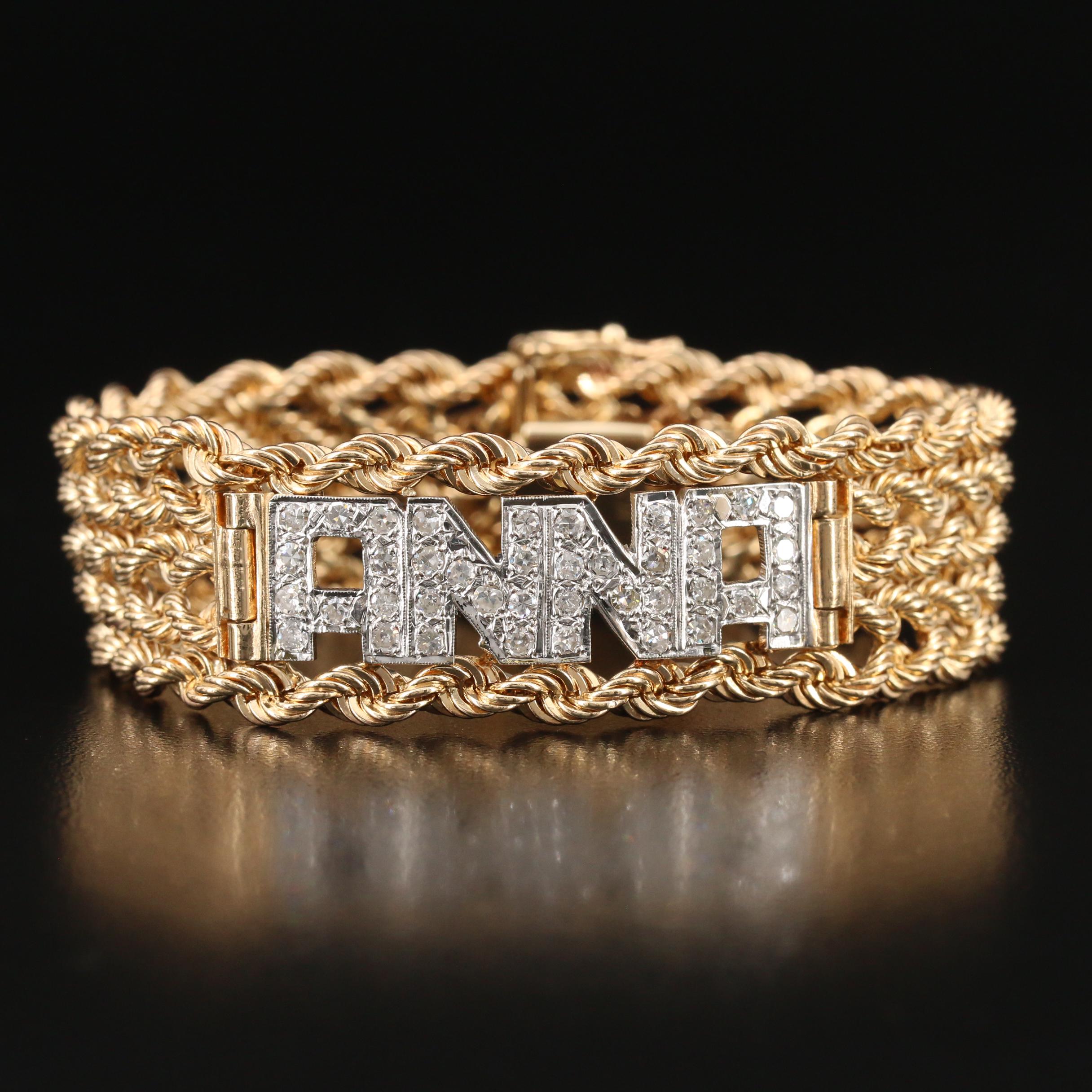 14k 1 Ctw Diamond Name Plate Id Multi Row Rope Bracelet Ebth