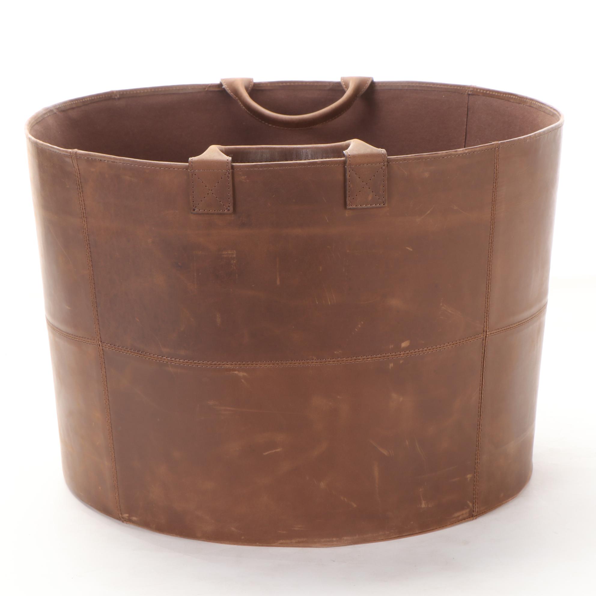 Restoration Hardware Buffalo Leather Wrapped Storage Basket with