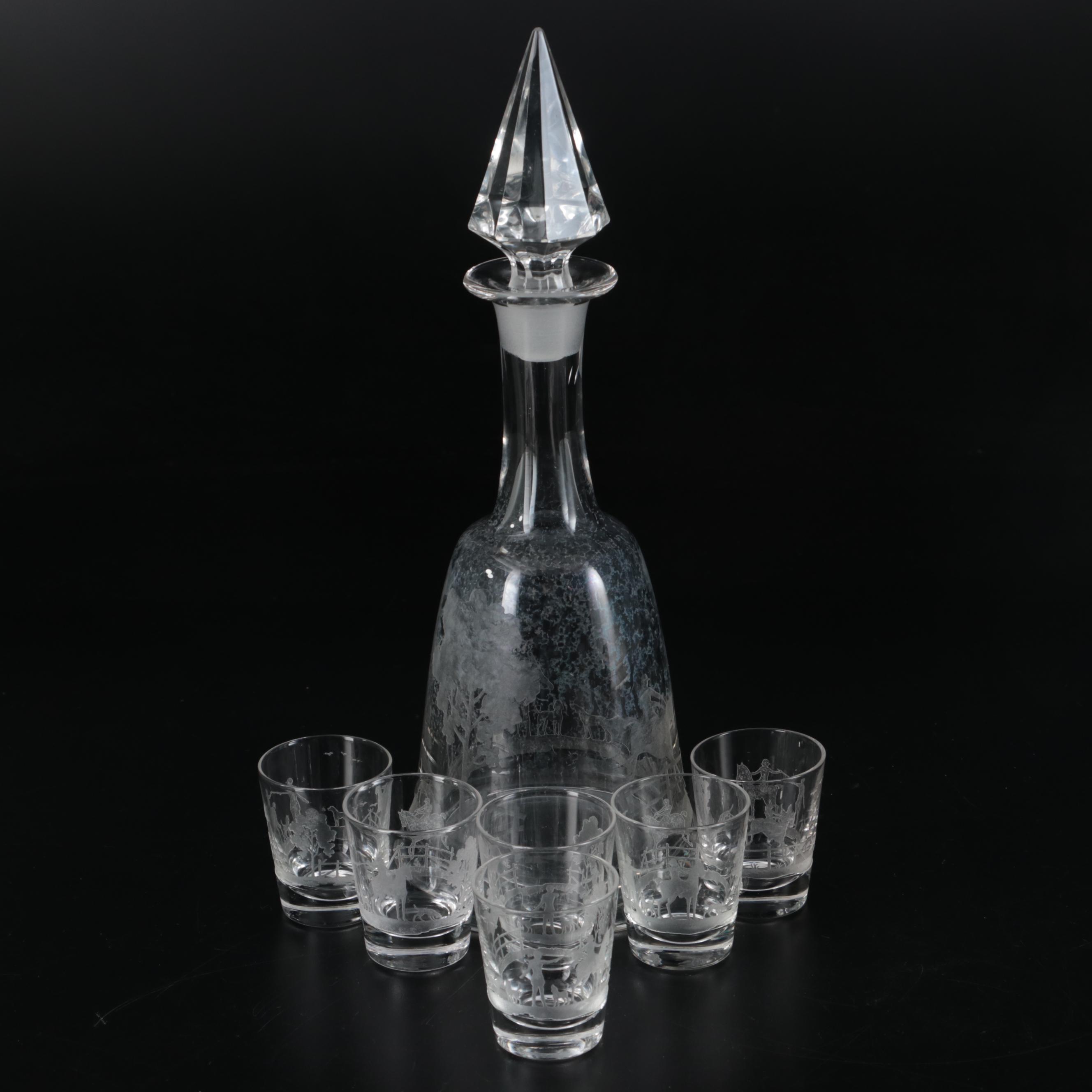 Fox Hunting Scene Glass Etched Decanter Set, 20th Century EBTH