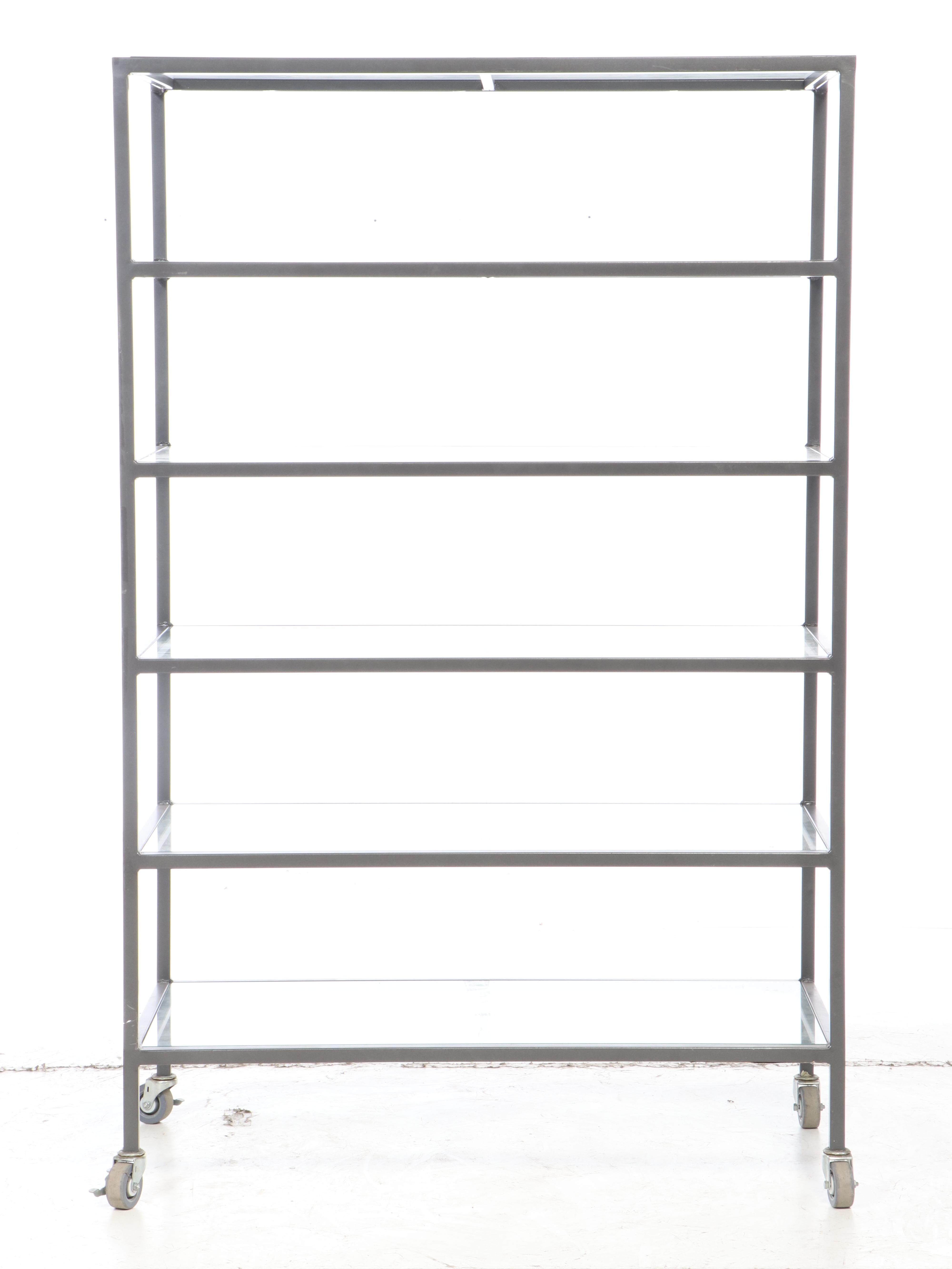 Industrial Style Metal Shelving Unit with Glass Shelves and Casters | EBTH