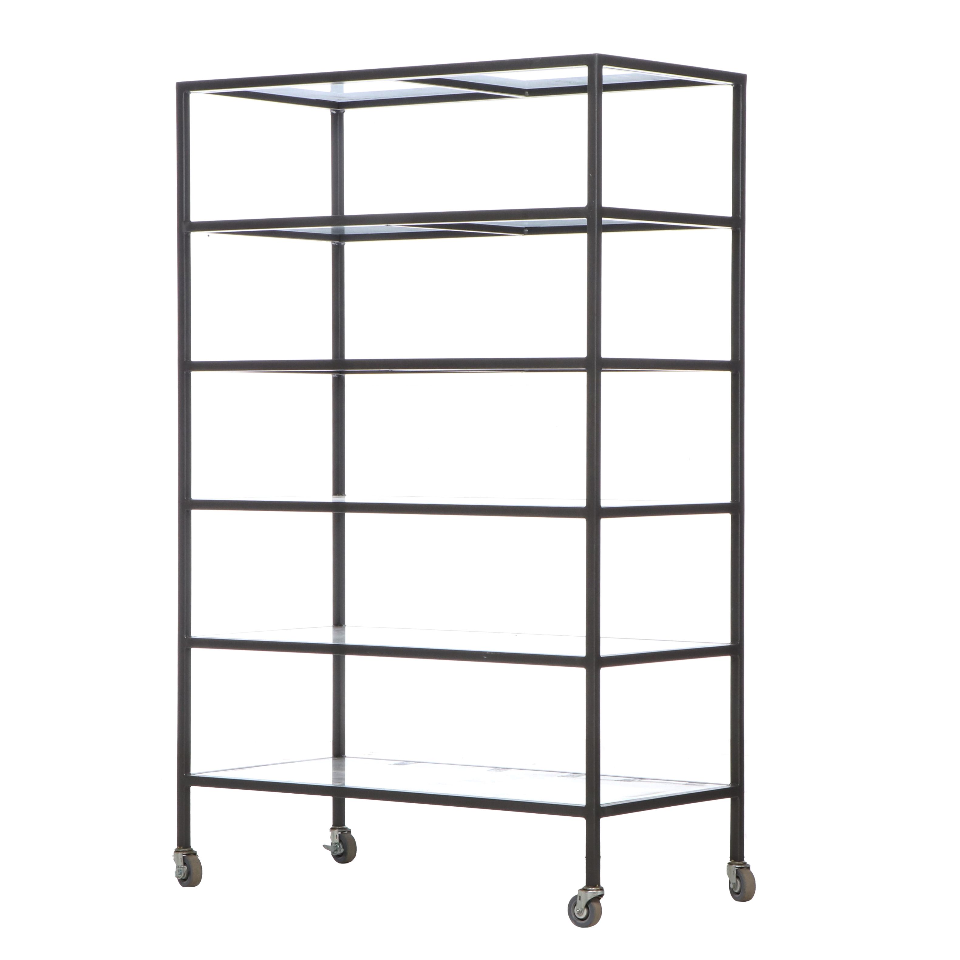 Industrial Style Metal Framed Shelving Unit with Glass Shelves and