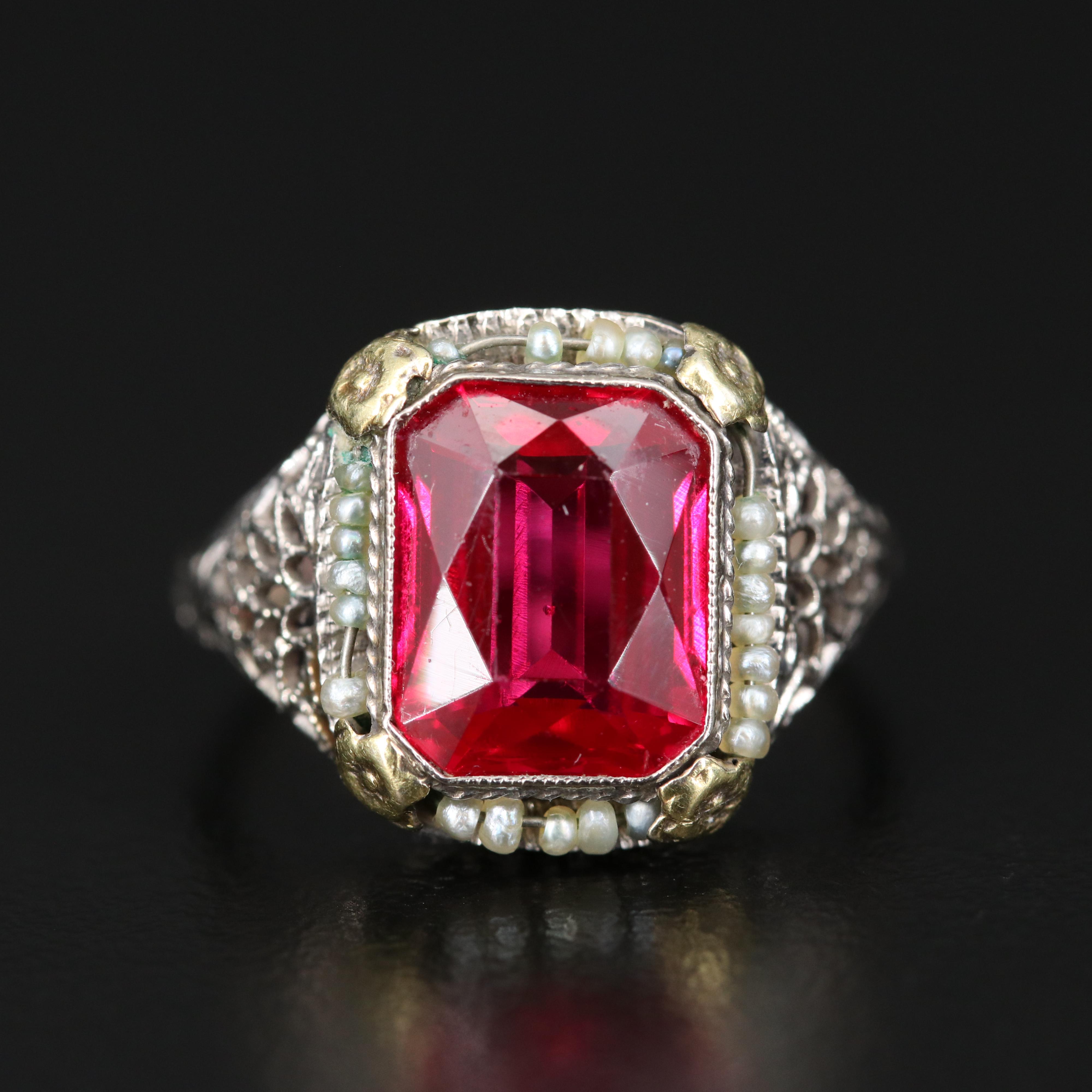 Early 1900s Ostby & Barton 10K Ruby and Seed Pearl Ring