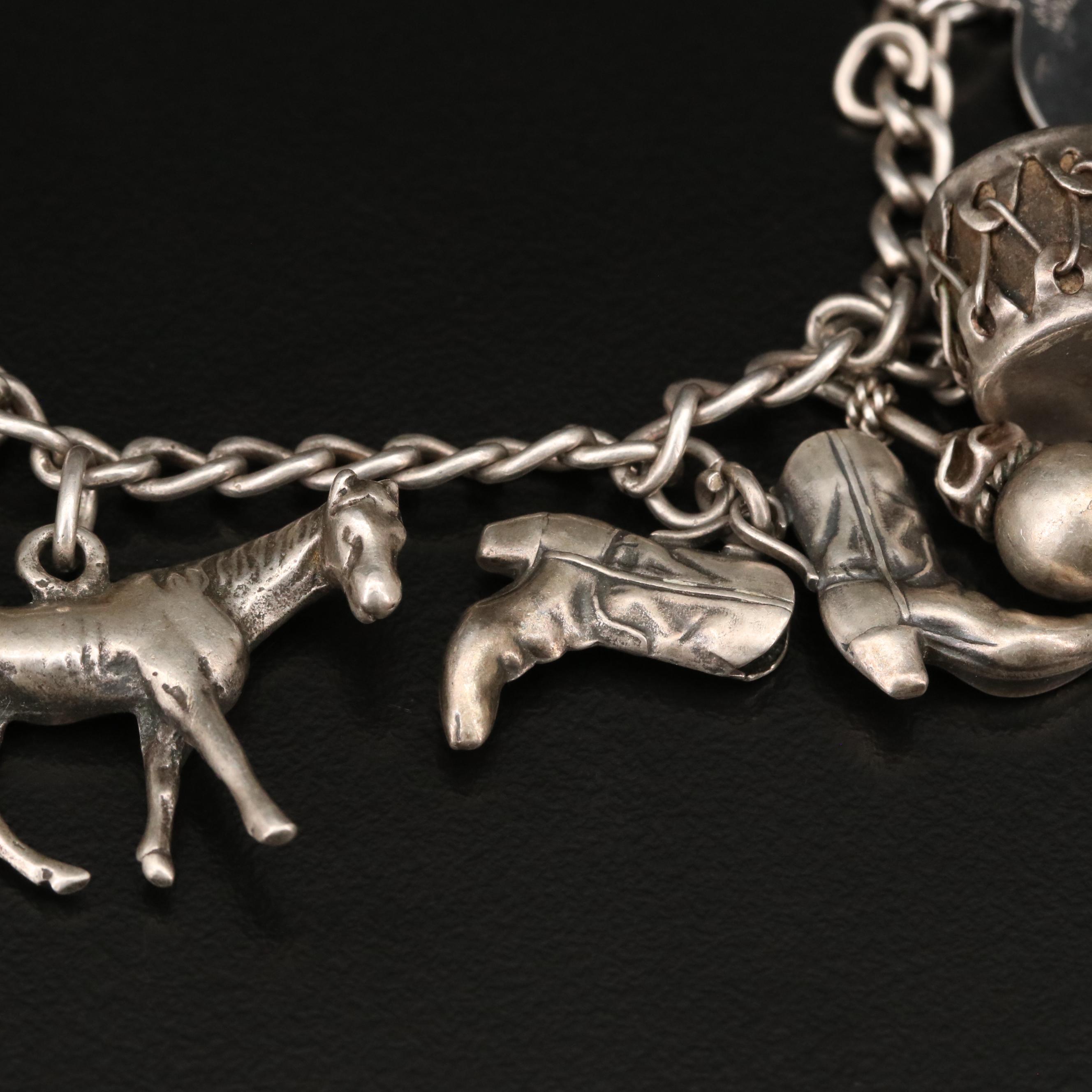 Sterling Western Themed Charm Bracelet with Horse and Boot Charms EBTH