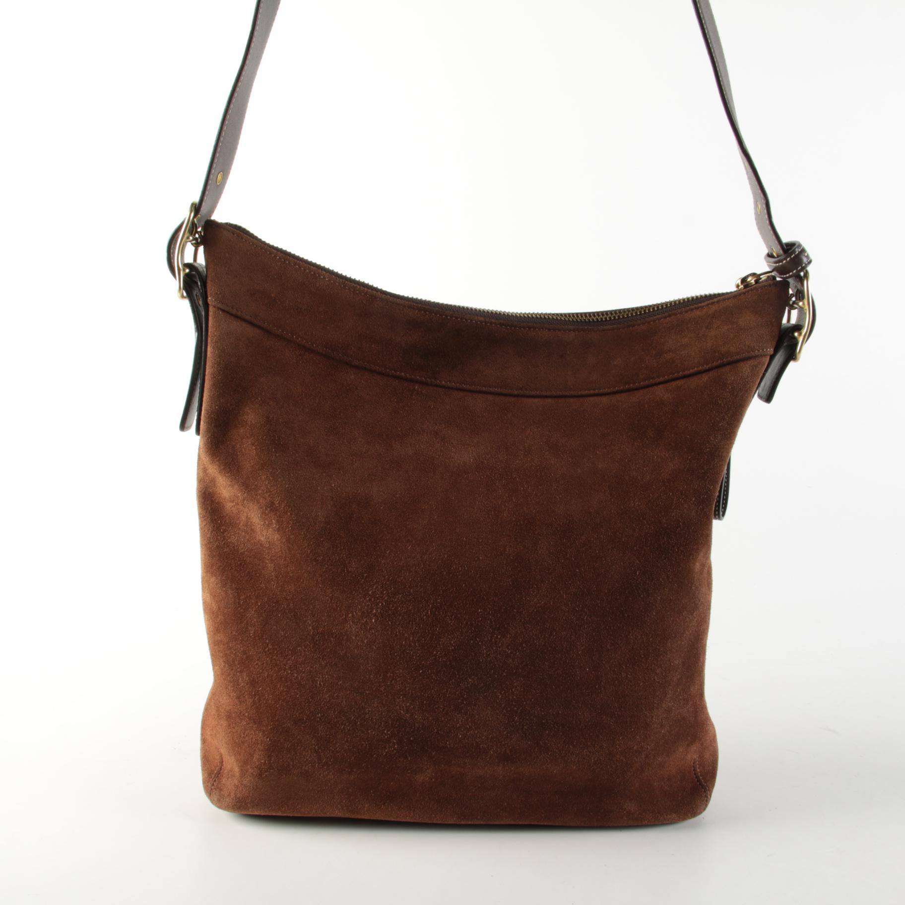 Coach Suede/Leather Hobo Crossbody Bag with Houndstooth and Leather