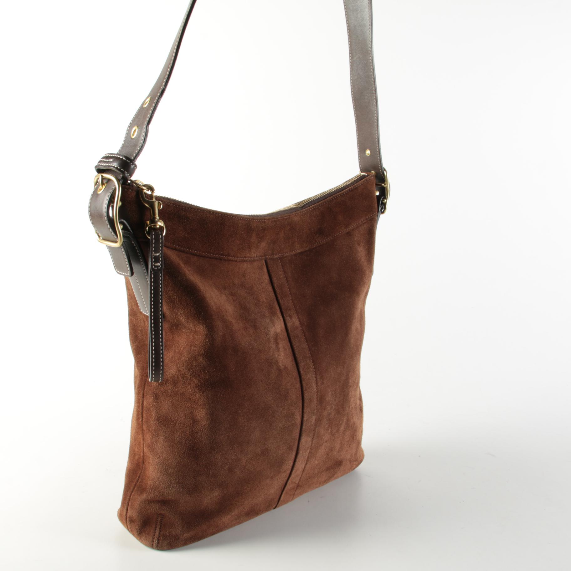 Coach Suede/Leather Hobo Crossbody Bag with Houndstooth and Leather