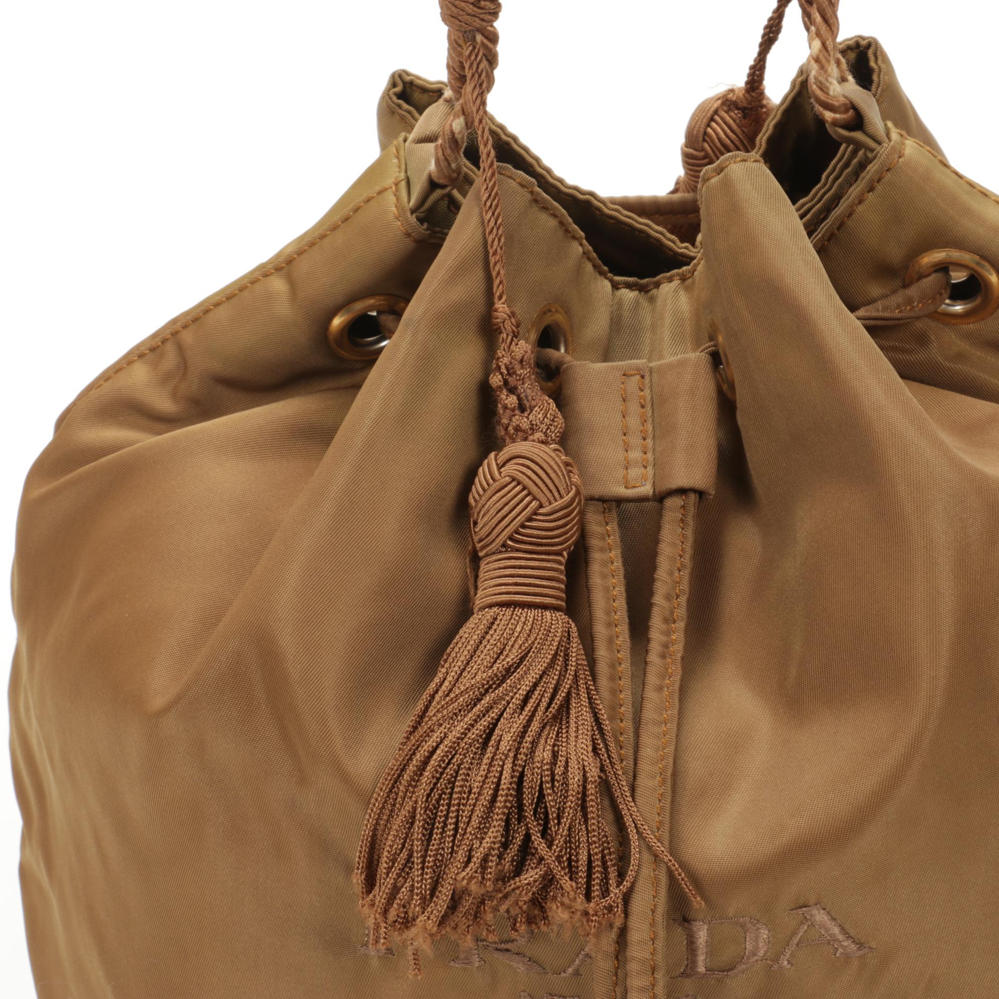 Prada Drawstring Bucket Bag in Dark Khaki Tessuto Nylon EBTH