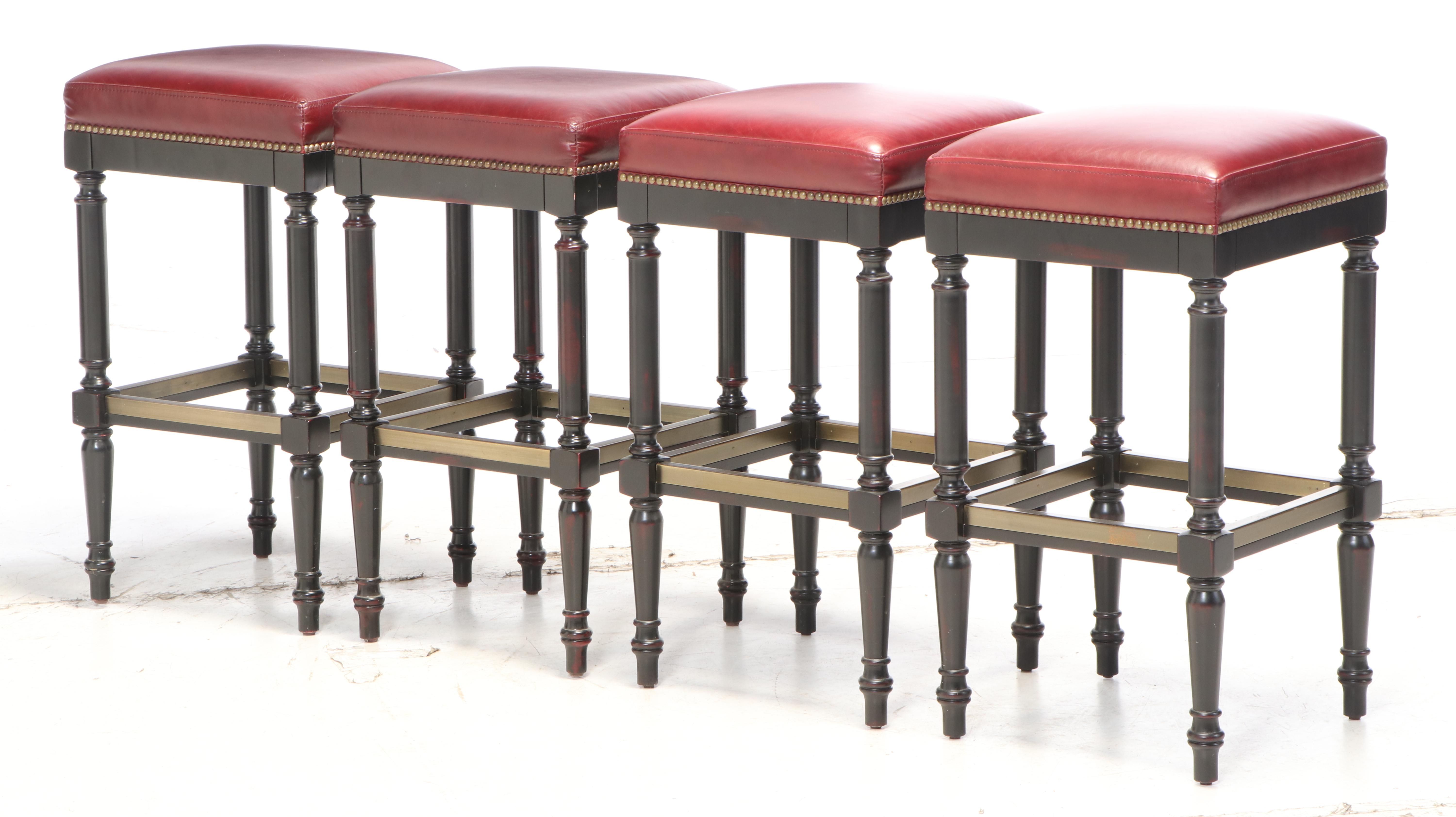 Four Frontgate "Raffles" Ebonized Maple and BrassTacked Leather Bar