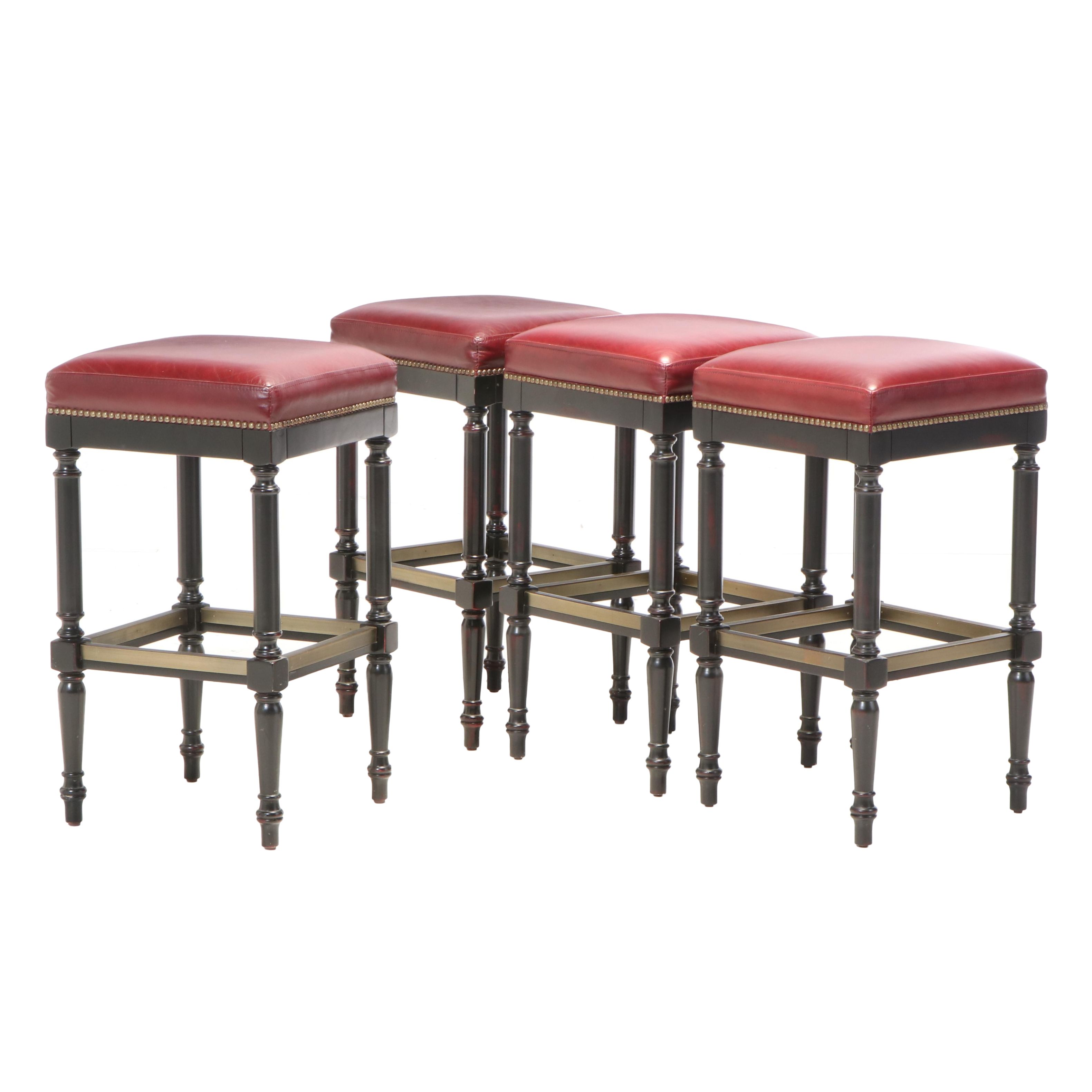 Four Frontgate "Raffles" Ebonized Maple and BrassTacked Leather Bar