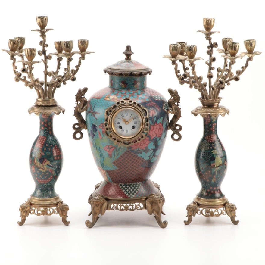 Cloisonné Brass Mounted Mantel Garniture Set, Early to Mid 20th Century
