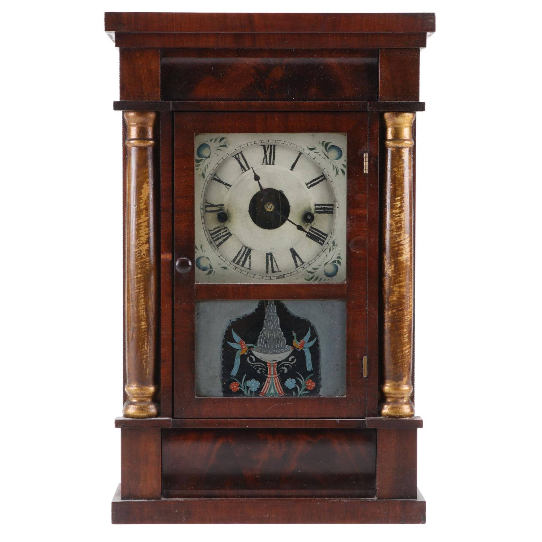 Mahogany Ogee Clock with Reverse Painted Glass Door, Mid19th Century