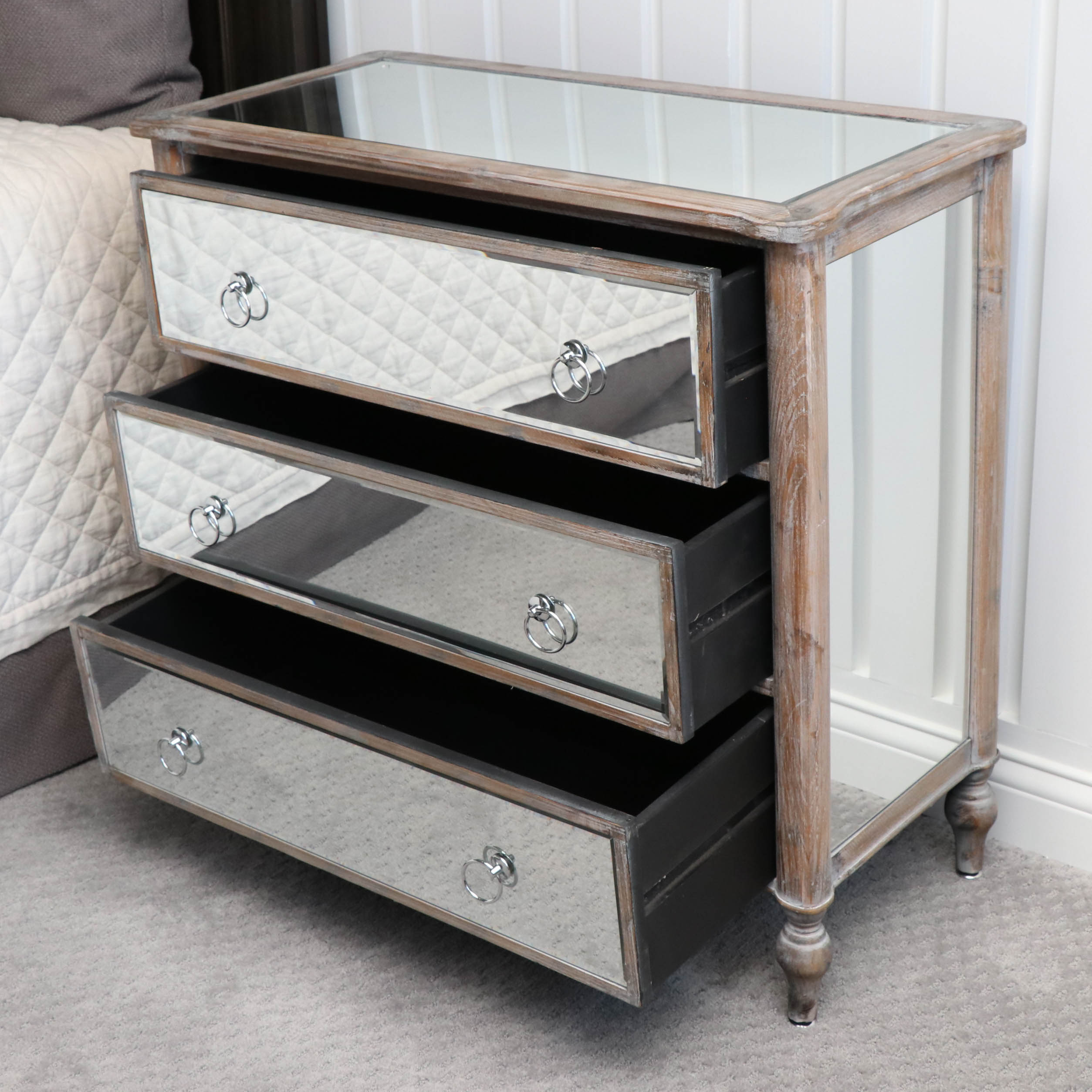 Wood and Mirrored ThreeDrawer Chest in Whitewashed Finish EBTH