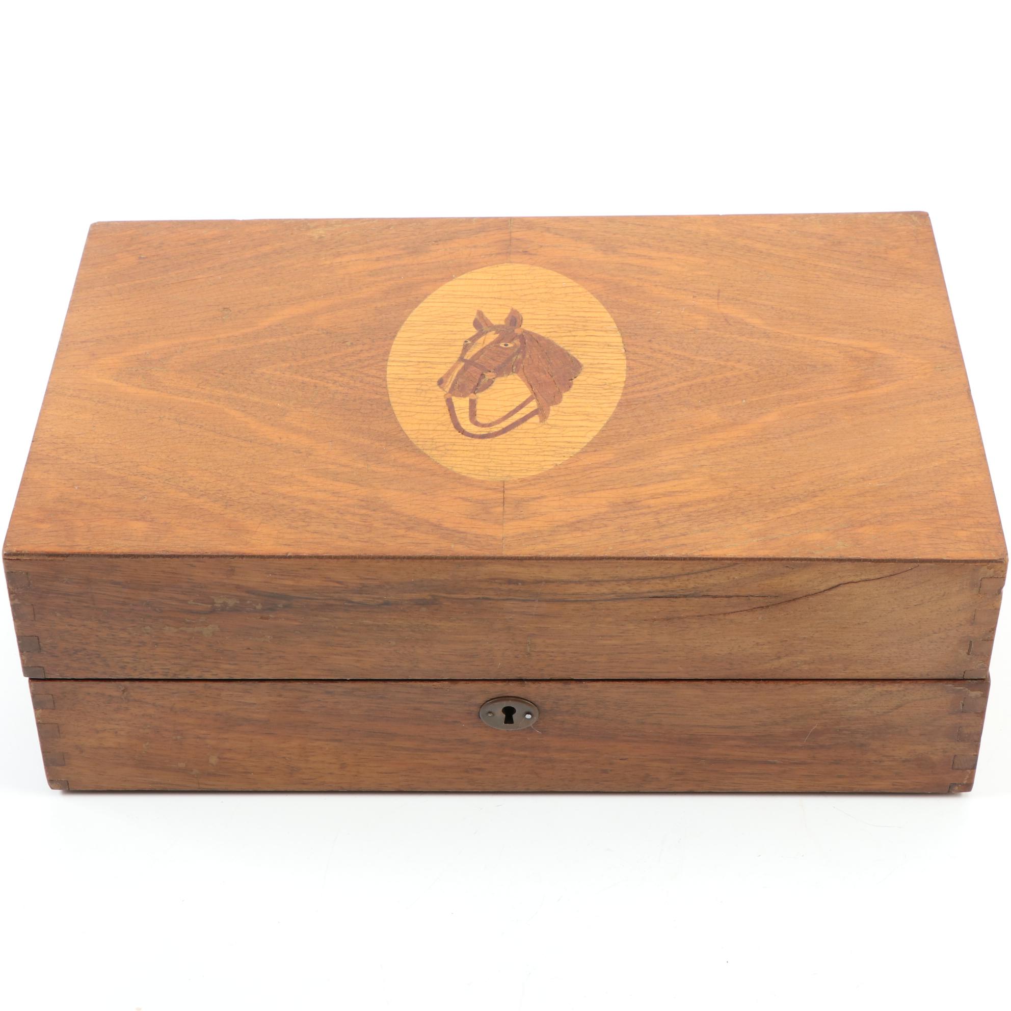 Wooden Liquor Chest with Marquetry Horse Portrait Lid, Early to Mid