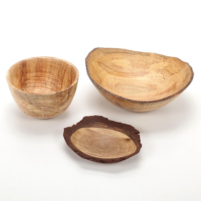 Jim Eliopulos Turned Live Edge Walnut, and Maple Wood Free-Form Bowls
