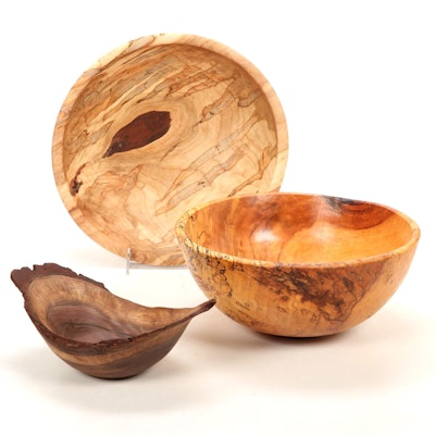 Jim Eliopulos Ambrosia Maple, Live Edge Walnut, and Maple Burl Handcrafted Bowls