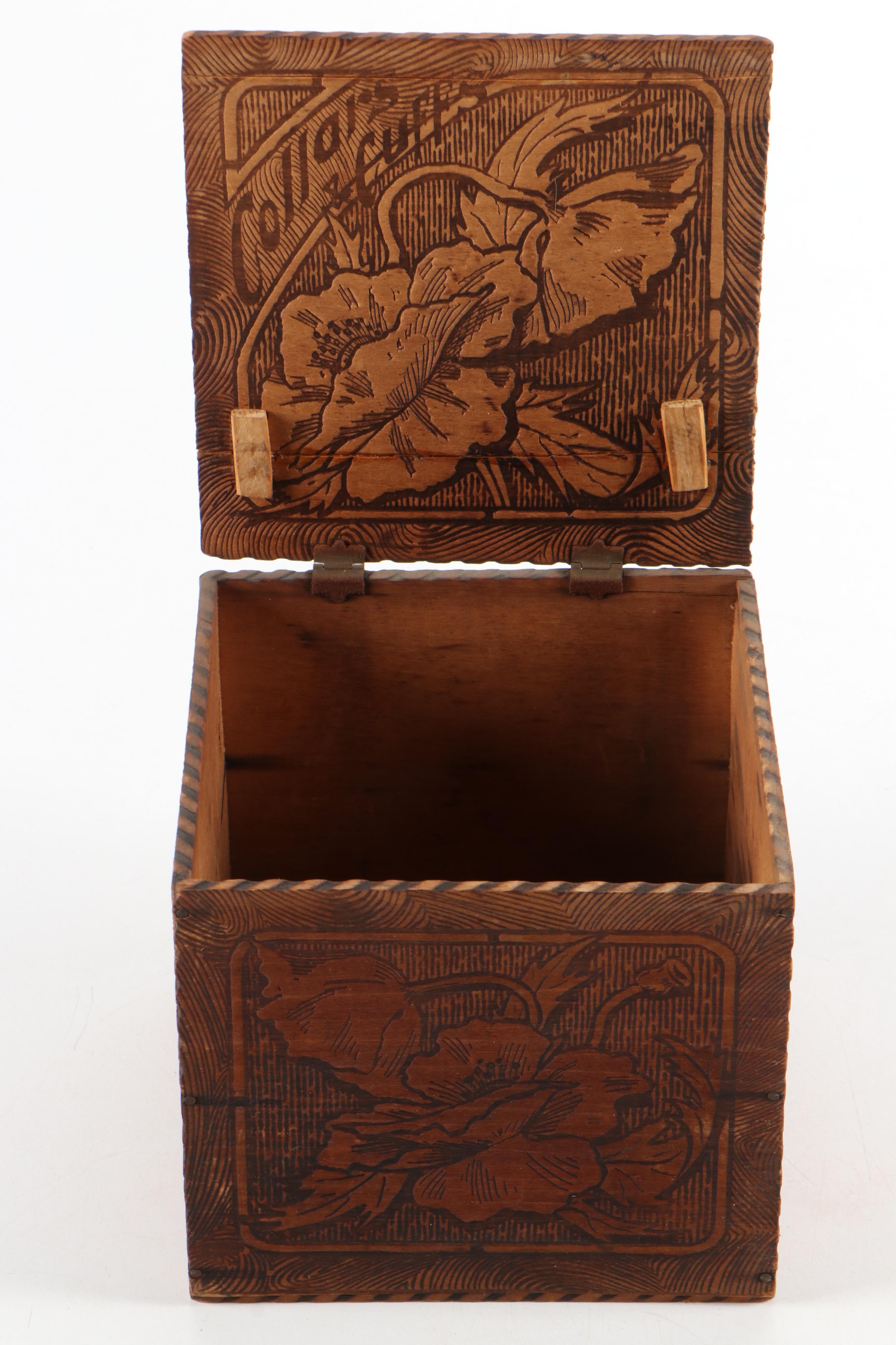 Art Nouveau Pyrography Wooden Collars and Cuffs and Vanity Boxes EBTH