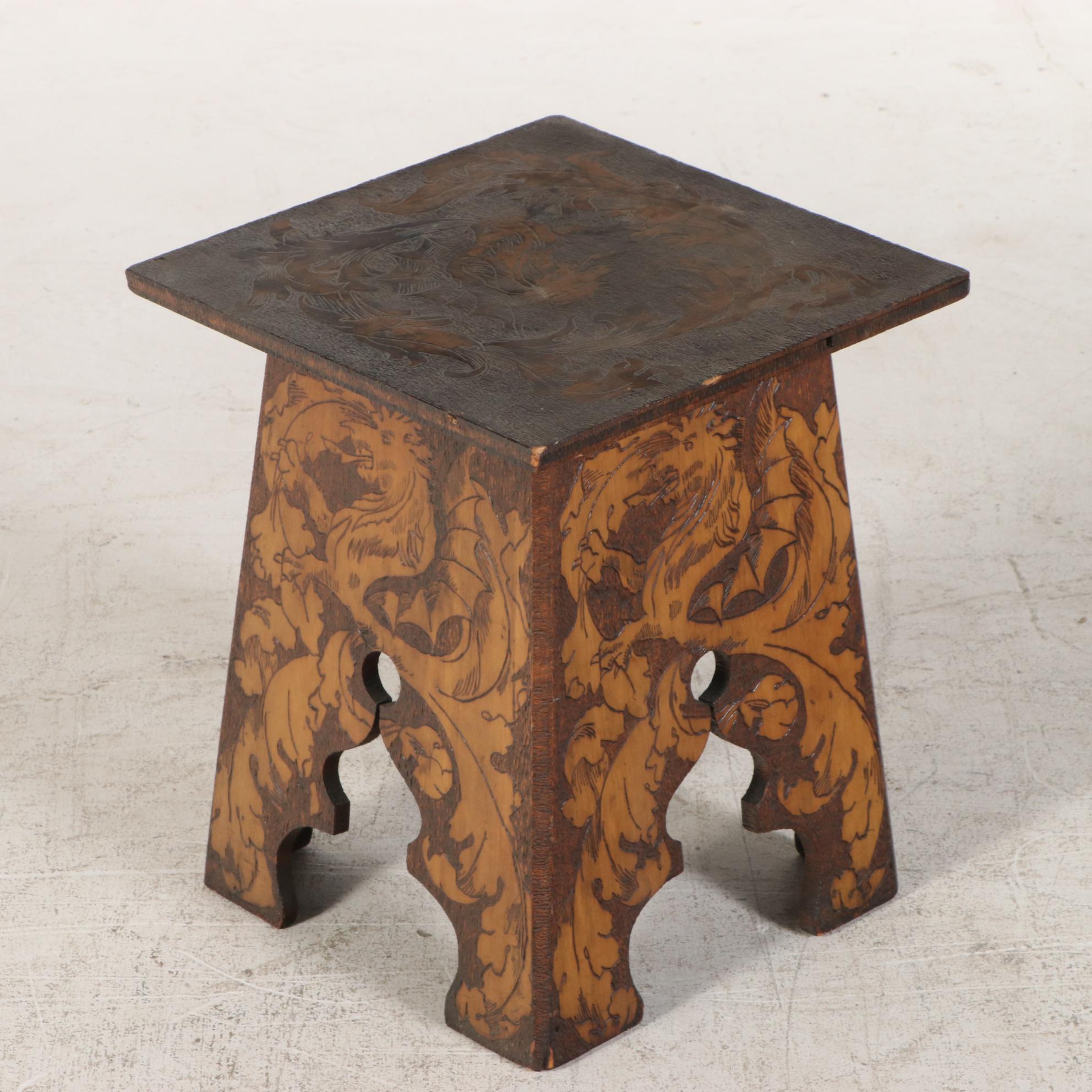 Arts and Crafts Pyrography Side Table, Early 20th Century | EBTH
