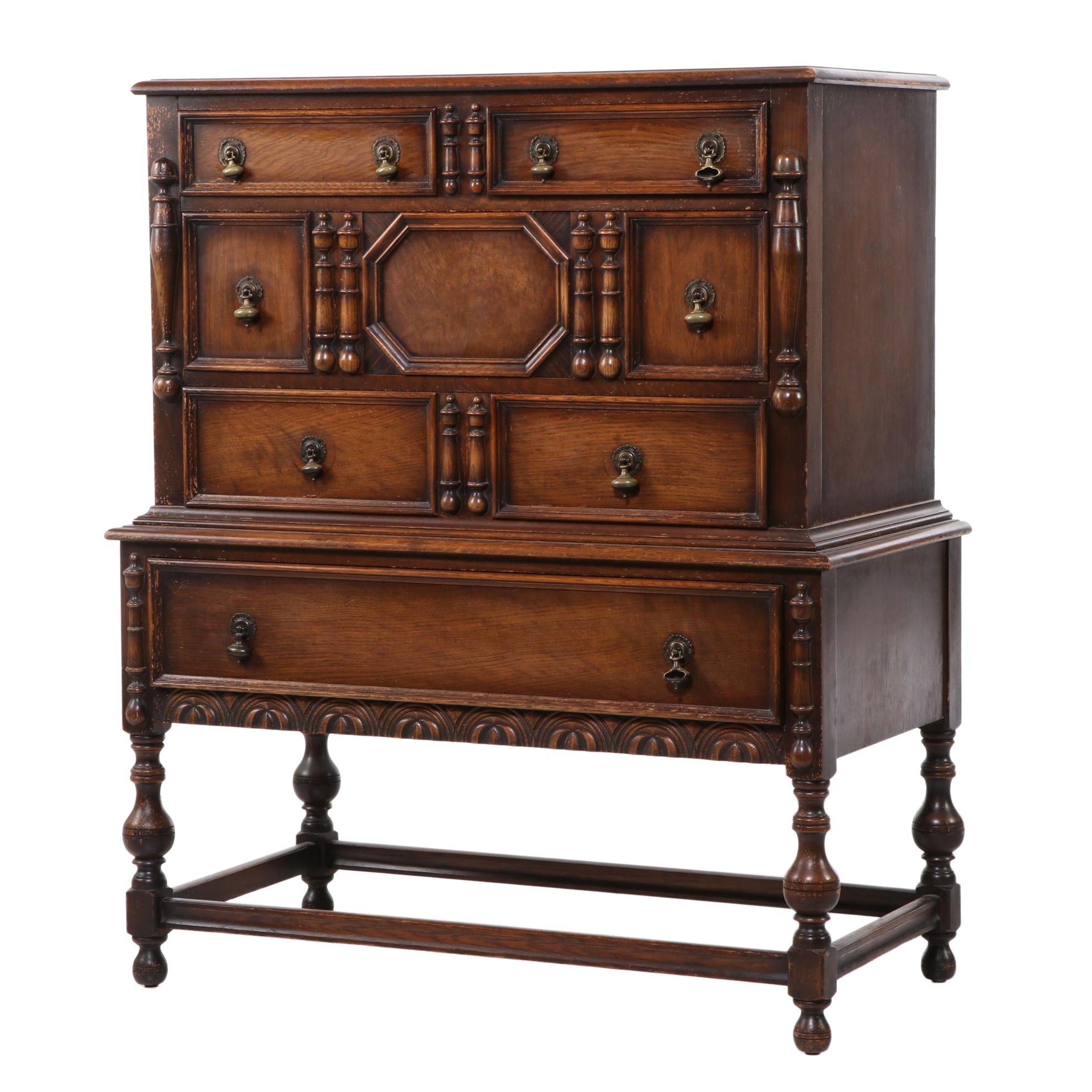 American Furniture Co. Jacobean Style Carved Oak FiveDrawer Cheston