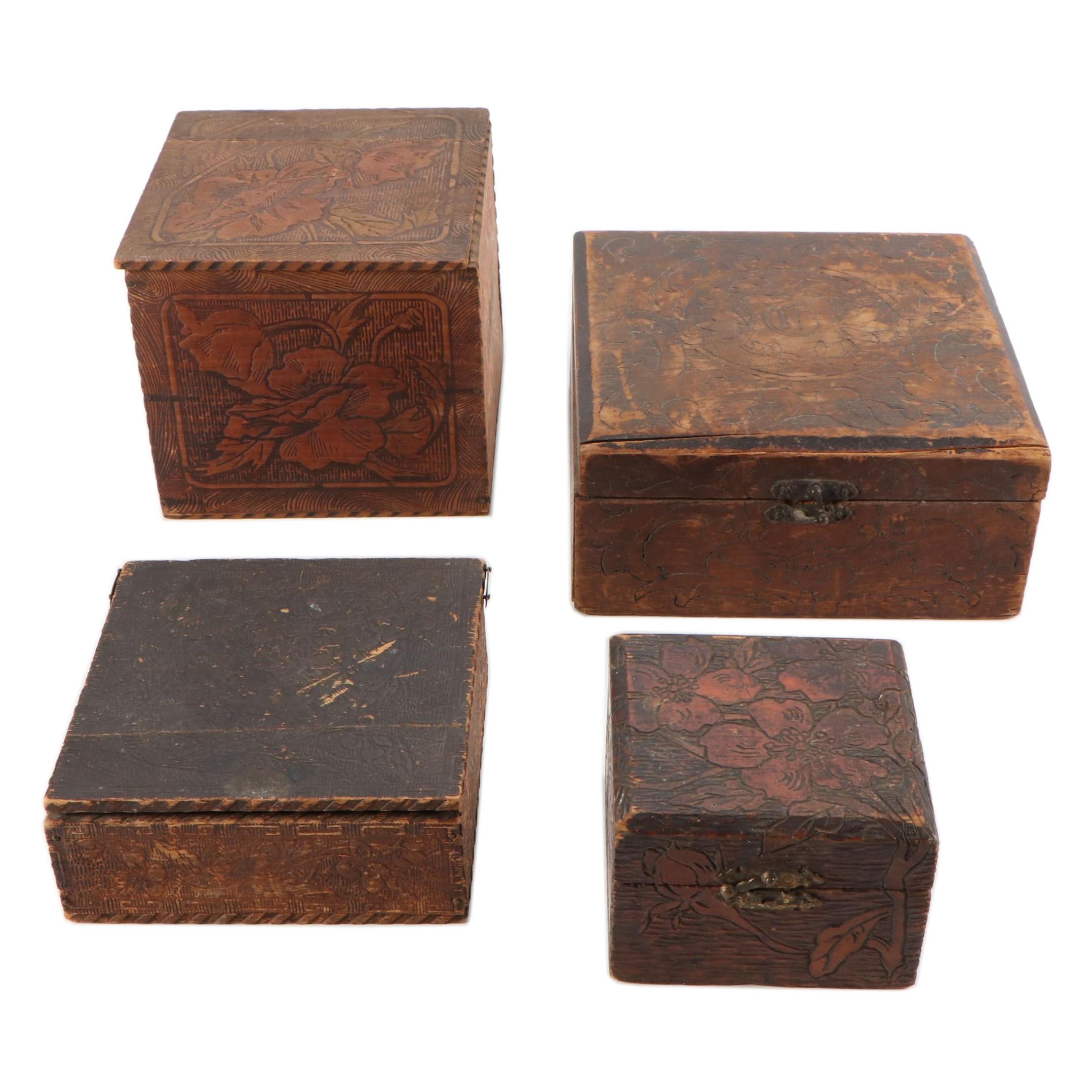 Art Nouveau Pyrography Wooden Collars and Cuffs and Vanity Boxes EBTH