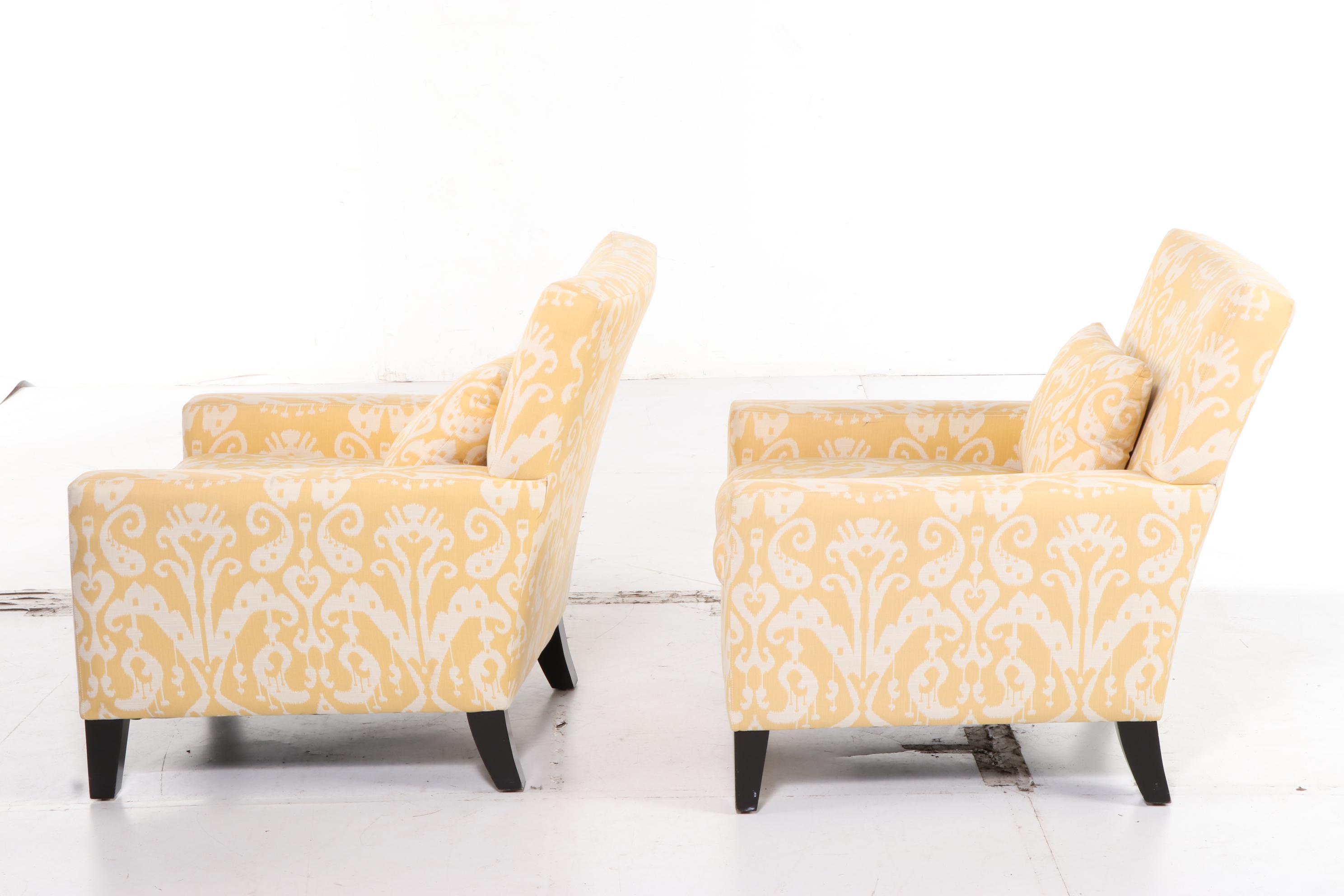 Pair of Pottery Barn Yellow and White Ikat Upholstered Accent Armchairs