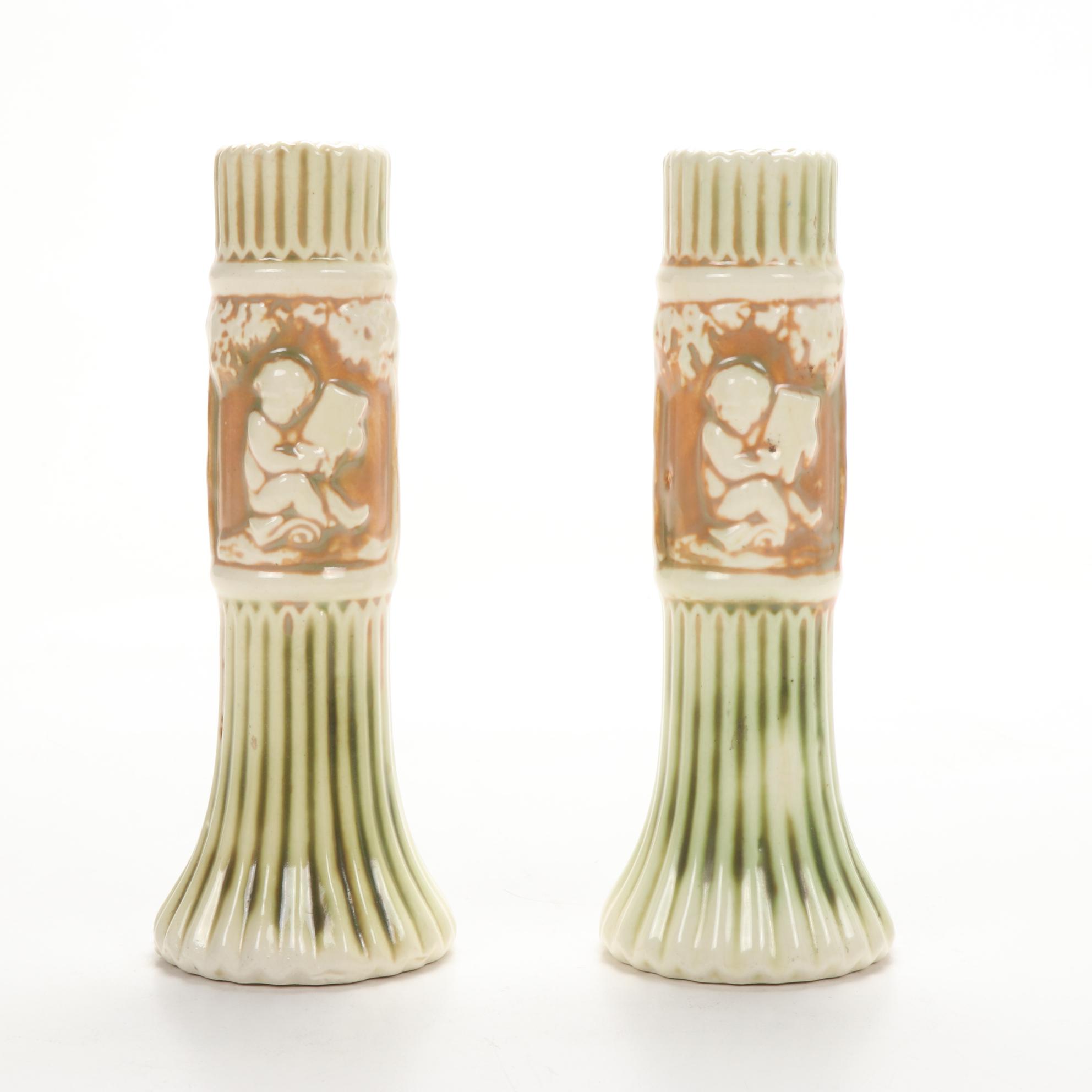 Weller "Woodcraft" Planter and "Donatello" Candlesticks and Roseville "Freesia" EBTH