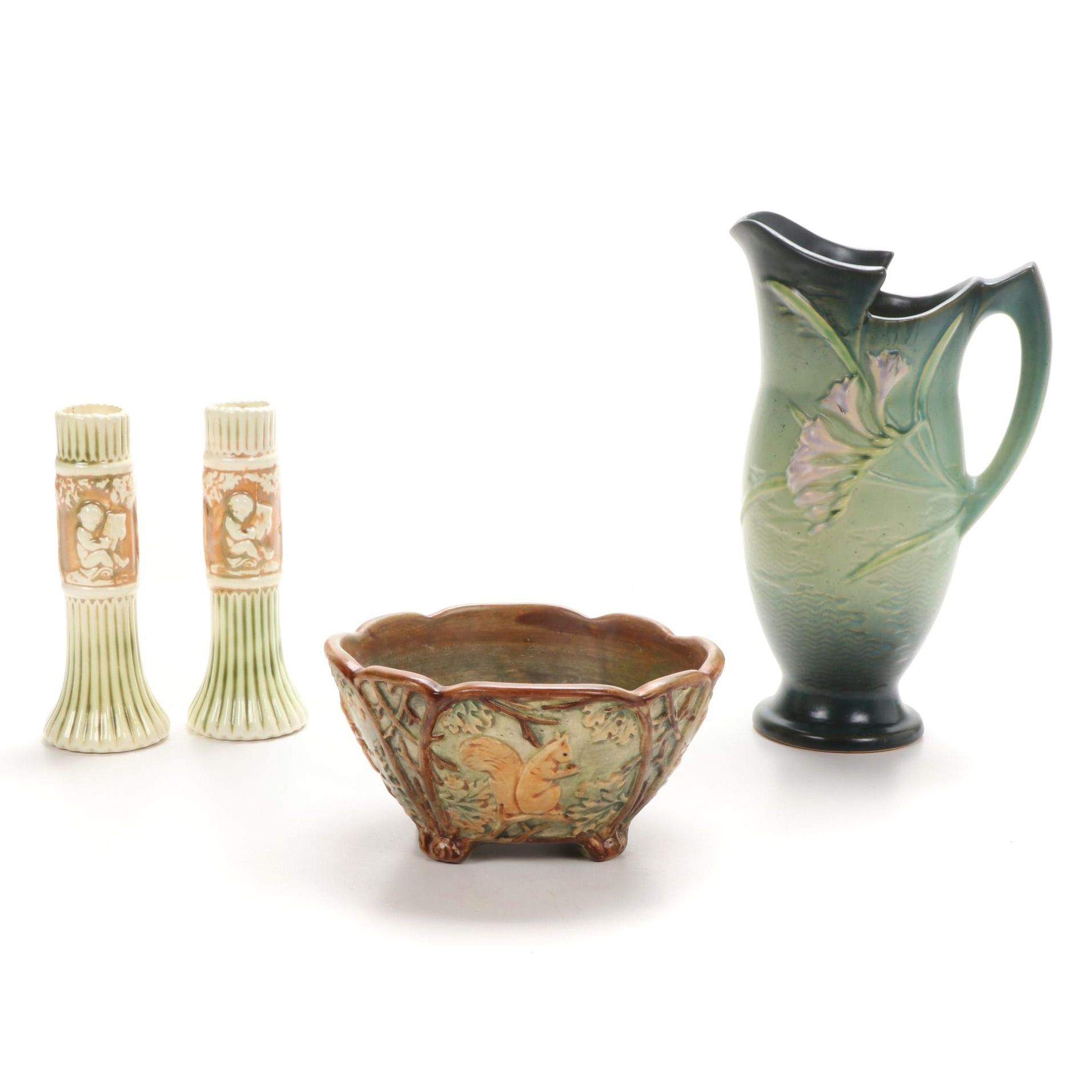 Weller "Woodcraft" Planter and "Donatello" Candlesticks and Roseville "Freesia" EBTH
