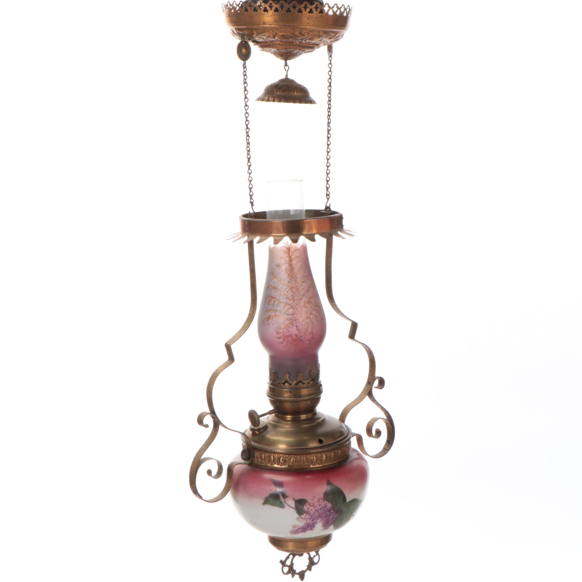 Art Nouveau Brass and HandPainted Glass Oil Lamp Ceiling Pendant EBTH