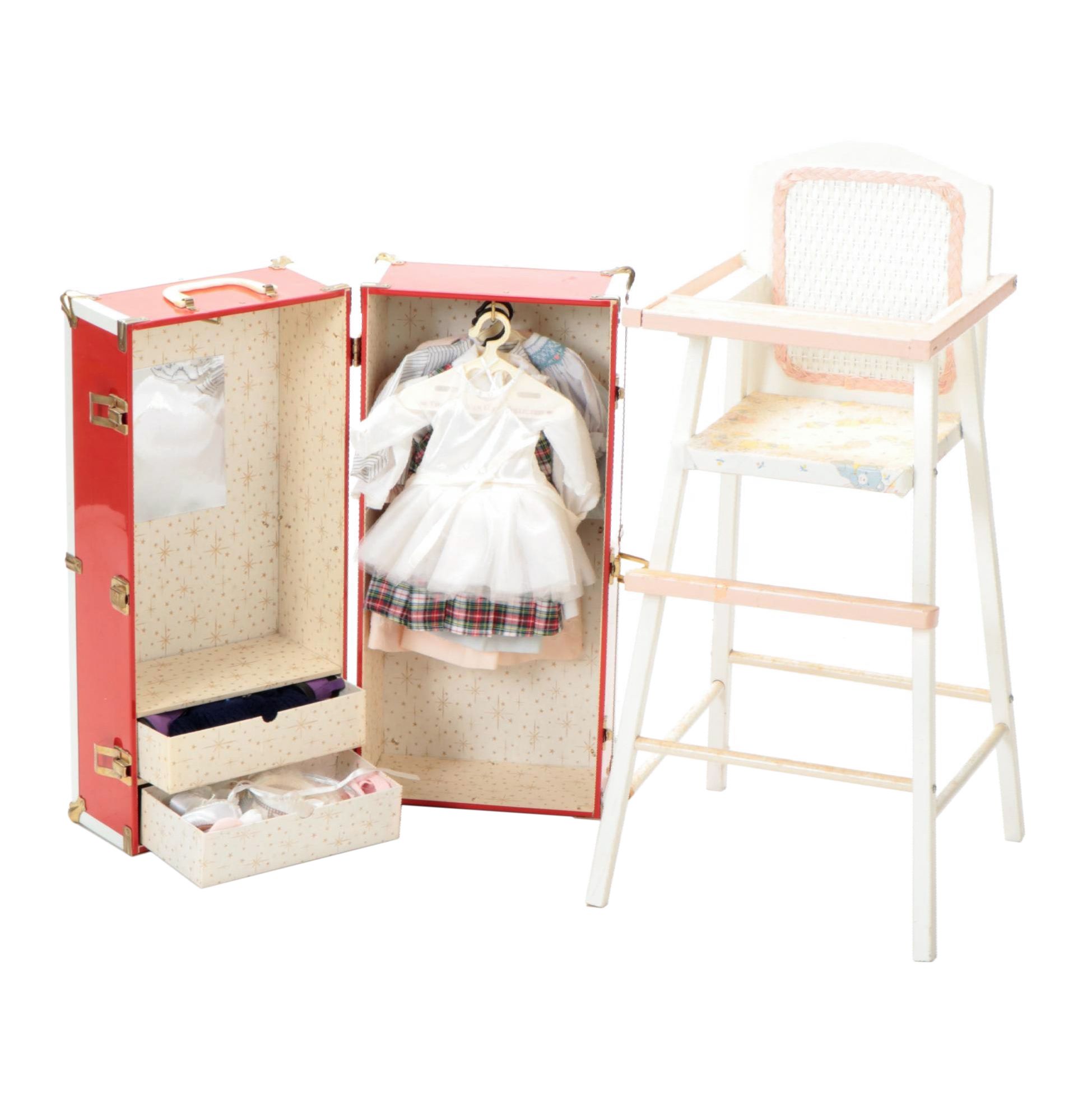 Doll High Chair, Clothes Trunk and Clothes, Including American Girl and