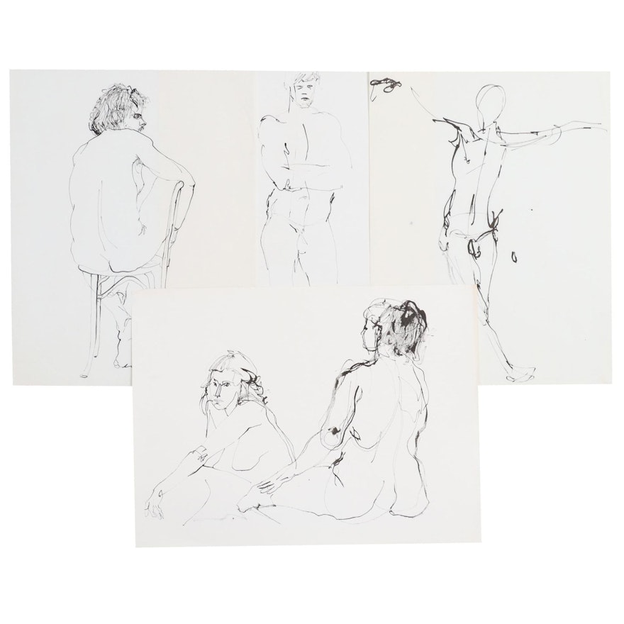 John Tuska Figural Nude Ink Drawings, Mid-Late 20th Century
