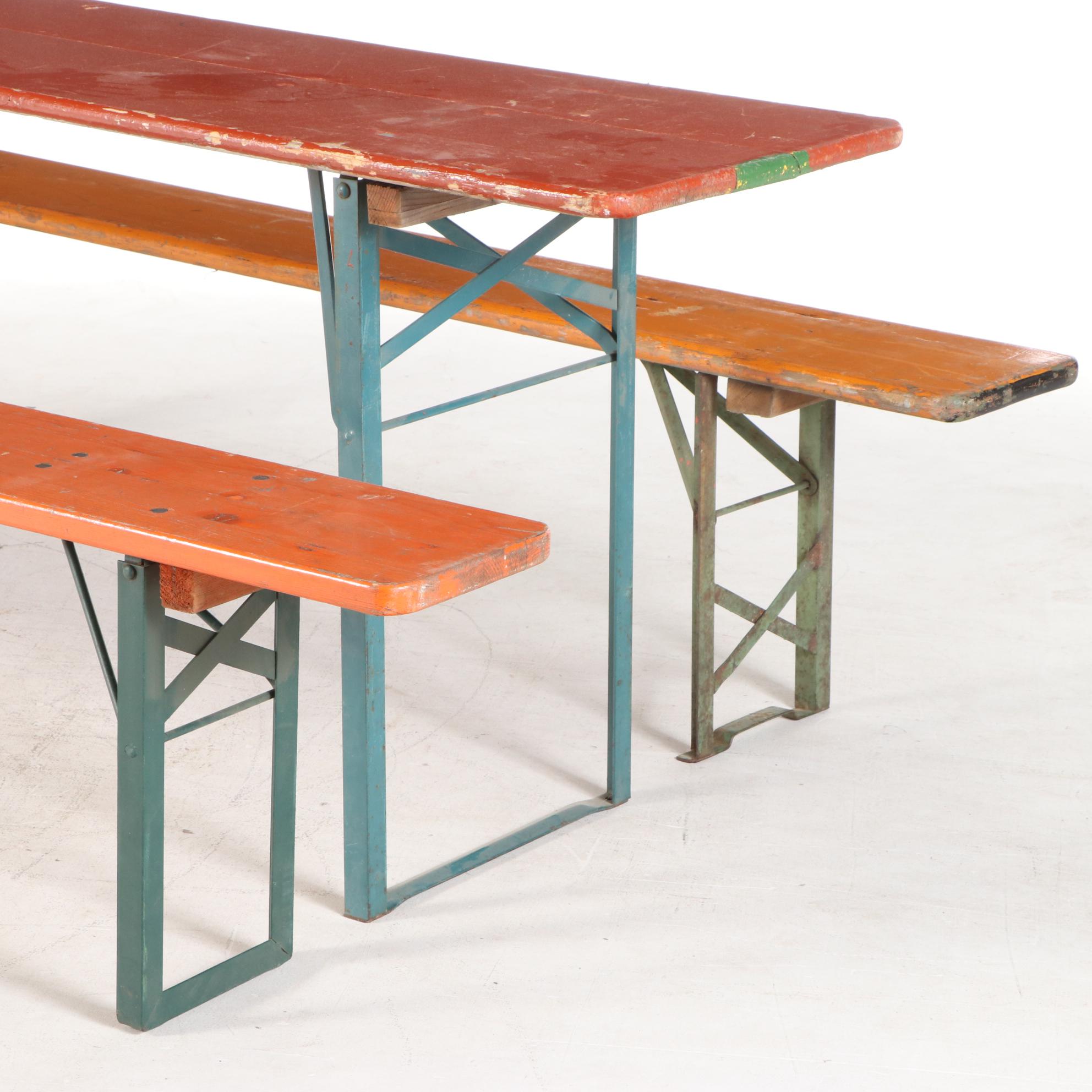 German Polychrome Wood Folding Biergarten Table and Benches | EBTH