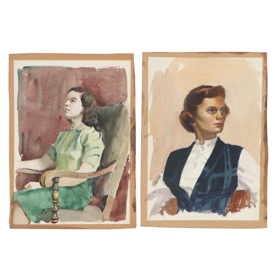 Edmond James Fitzgerald Watercolor Portraits, Mid-20th Century