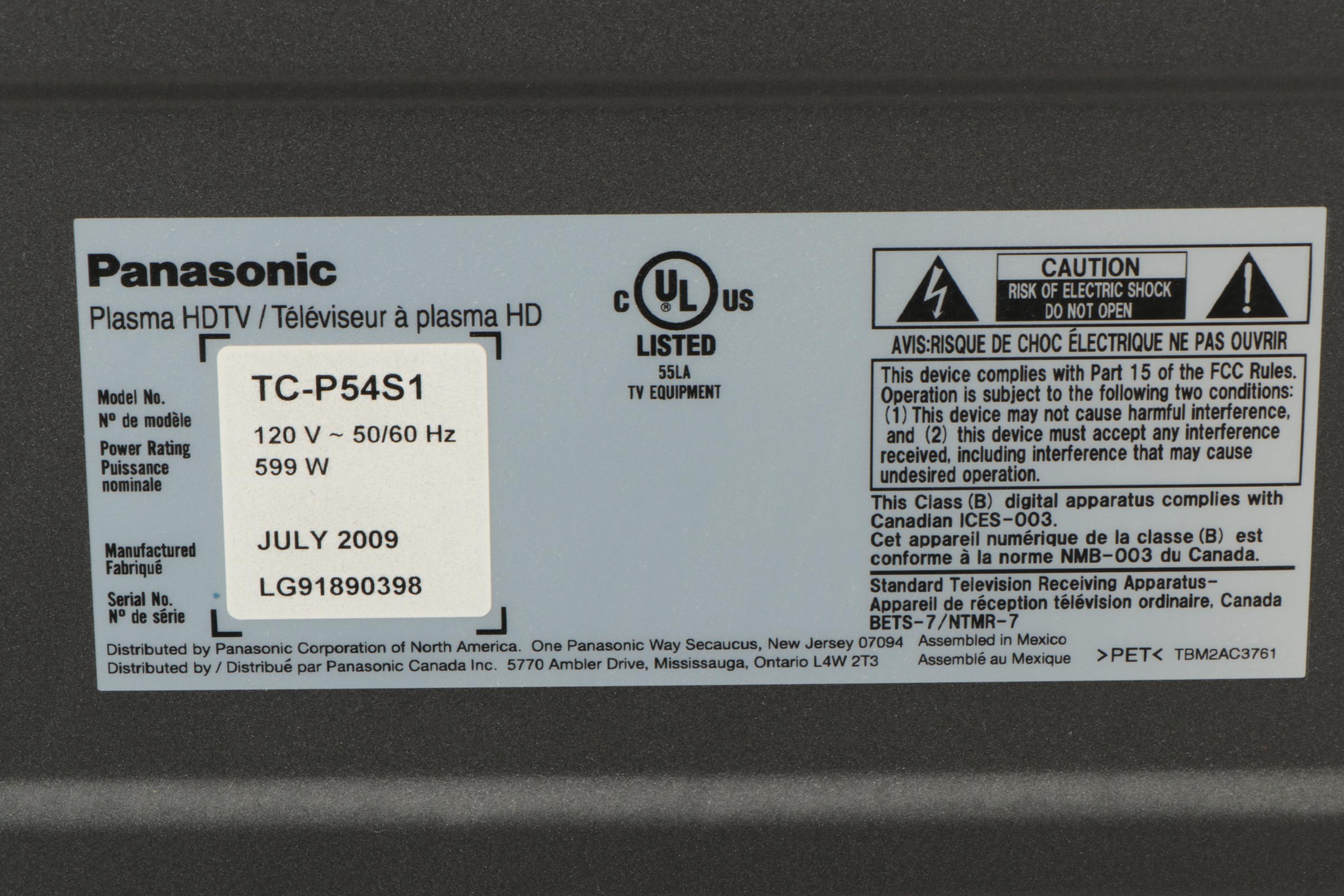 Panasonic 54" Plasma HD TV EBTH