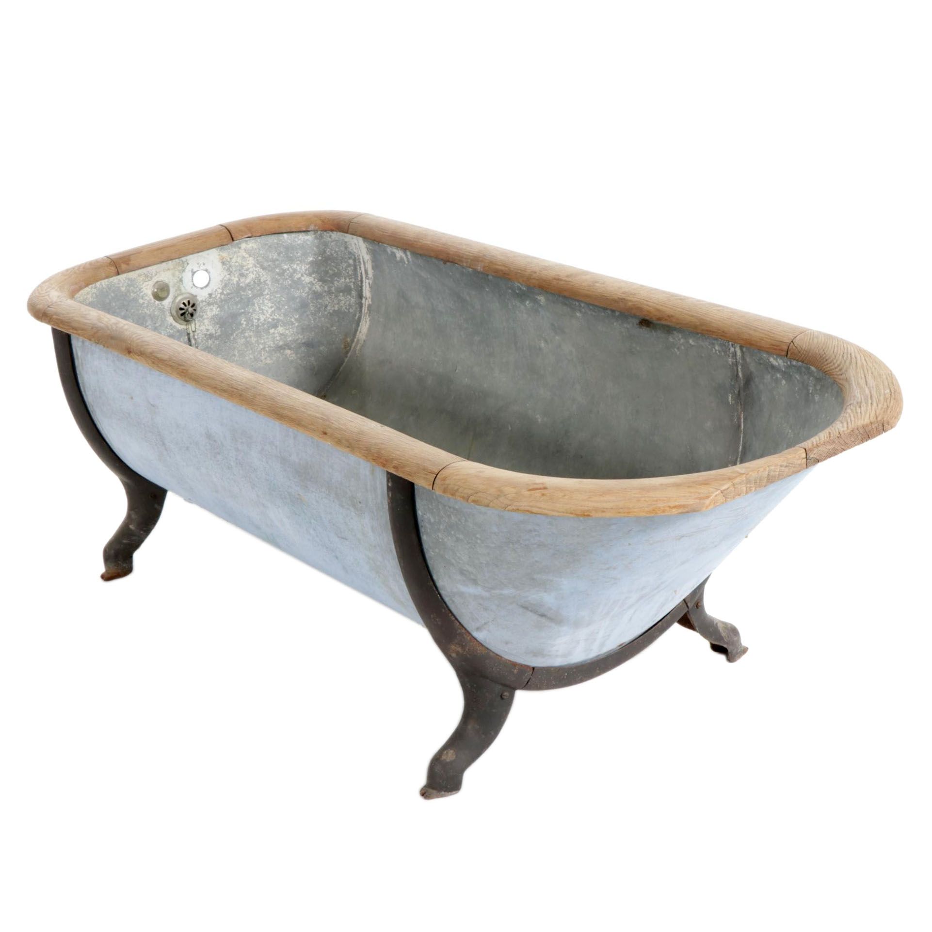 Galvanized Metal Bathtub with Oak Trim and Iron Feet, Early 20th Century EBTH