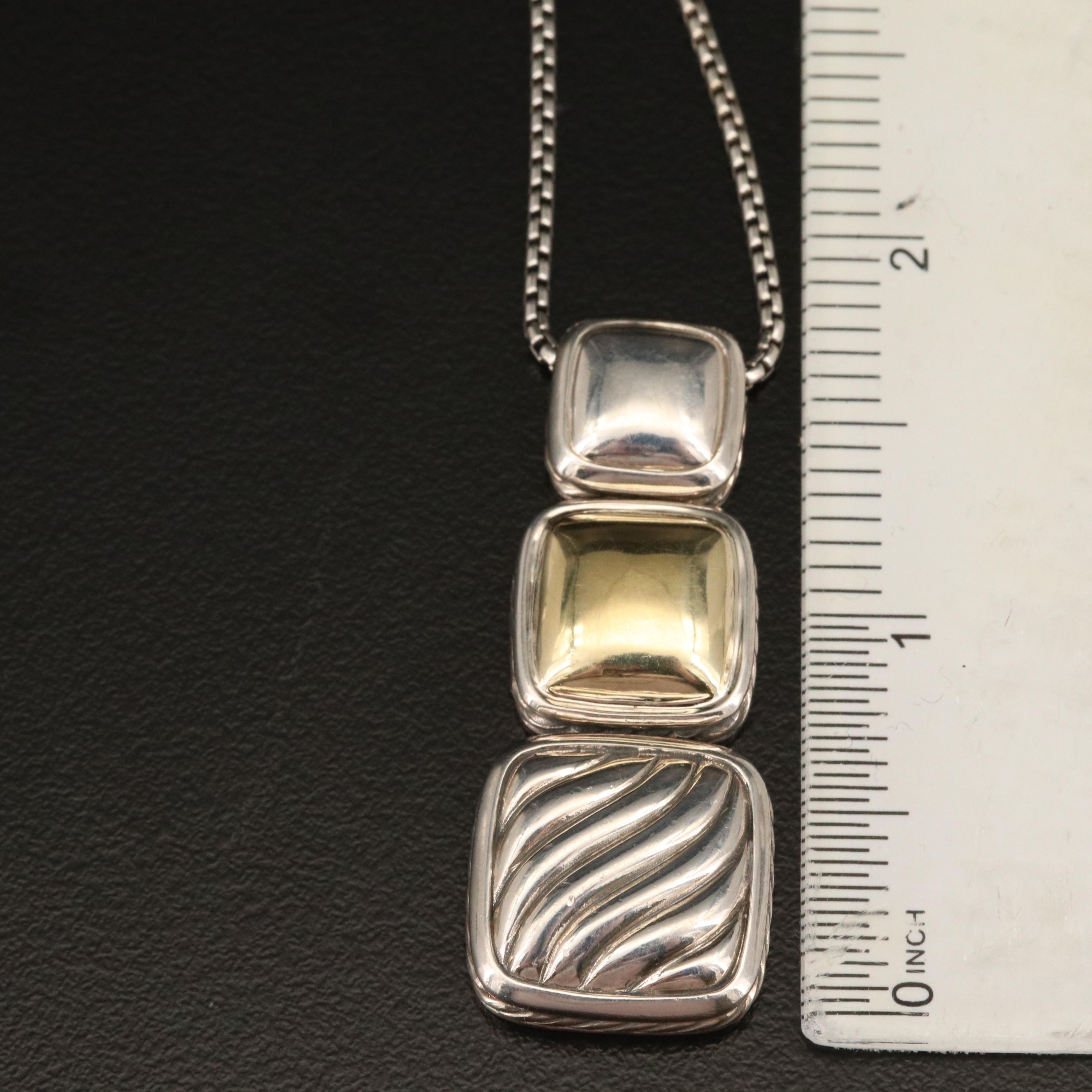 David Yurman "Chiclet" Sterling Triple Drop Pendant Necklace with 18K