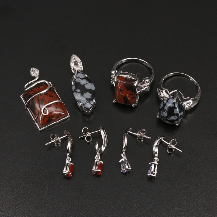Sterling Gemstone Jewelry Including Mahogany and Snowflake Obsidian