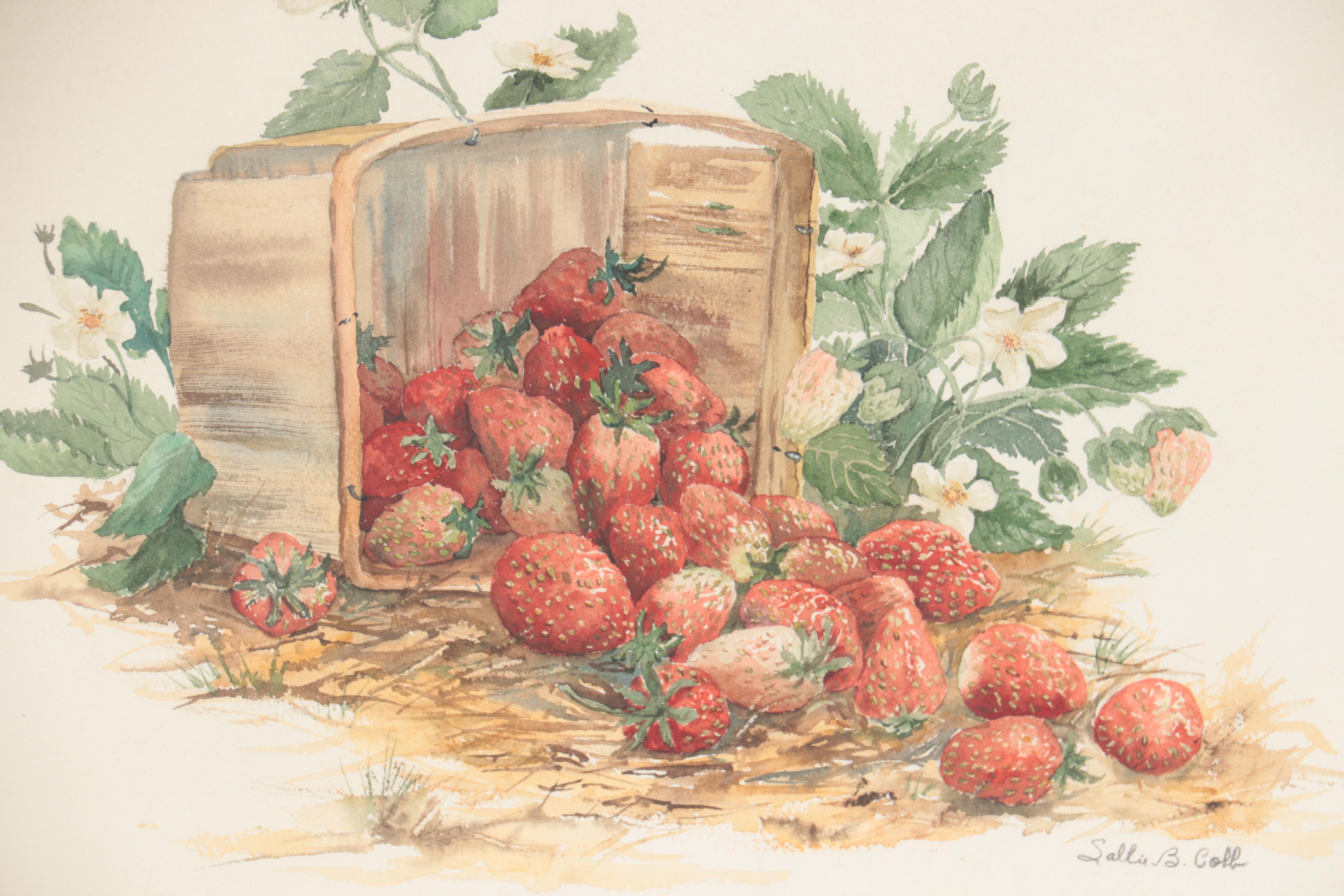 Sallie B. Cobb Watercolor Painting "The Strawberry Patch," Late 20th ...