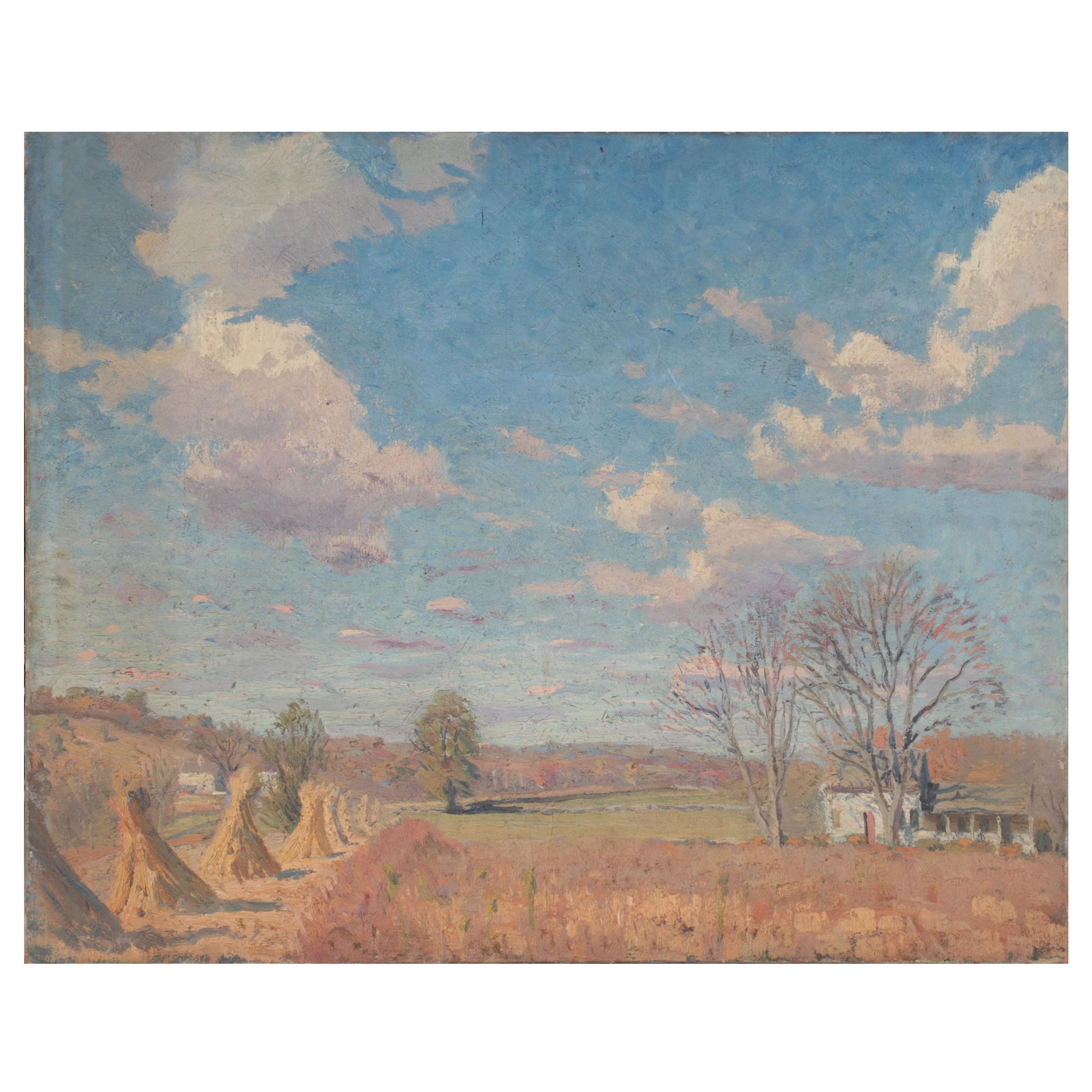 Impressionist Style Oil Painting Of Rural Field With Hay Bales Ebth