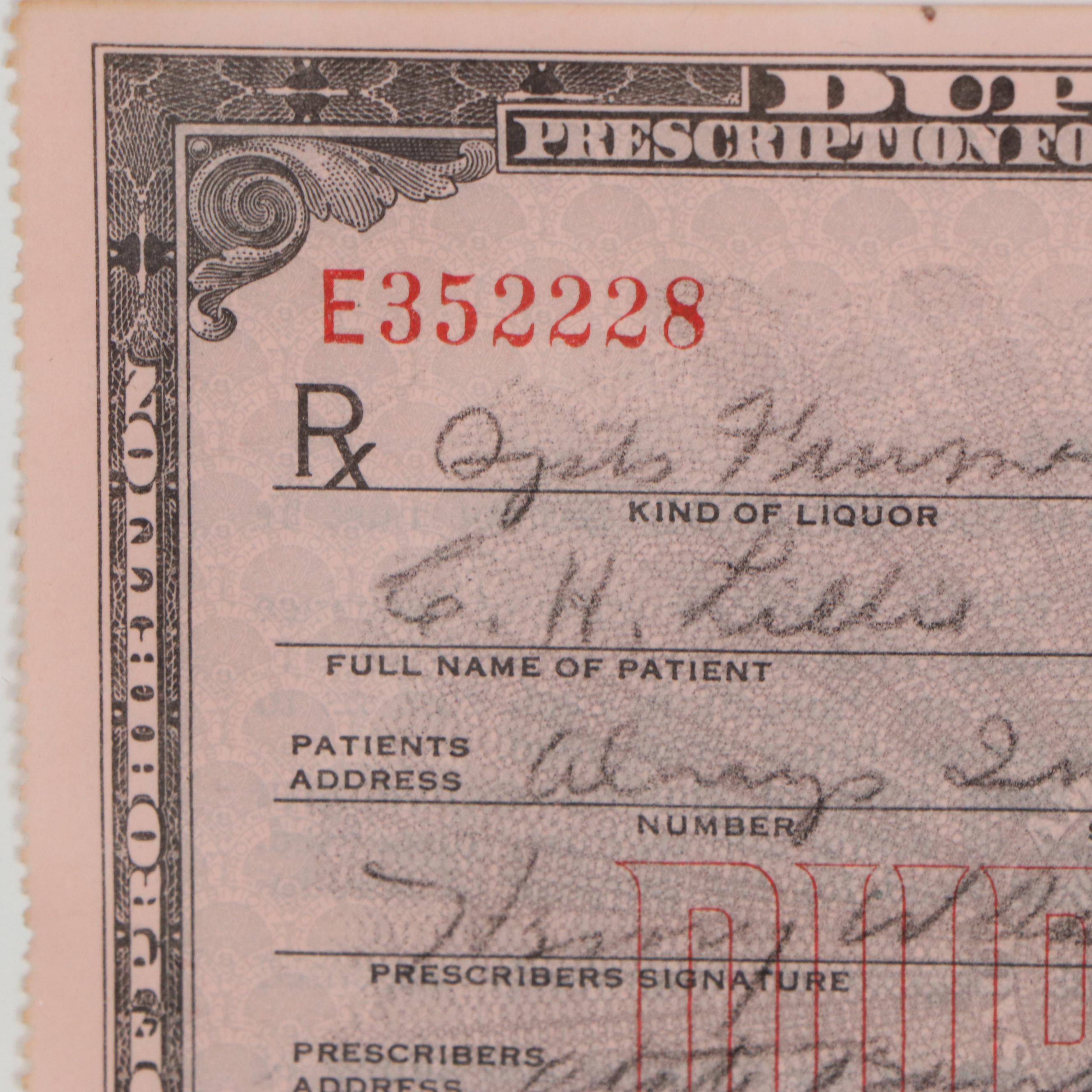 National Prohibition Act Medicinal Liquor Prescription Form Duplicate