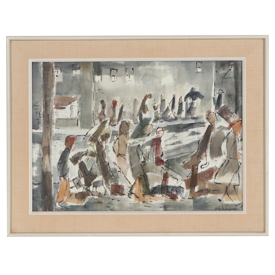 Abstract Watercolor Painting of Street Scene, Late 20th Century