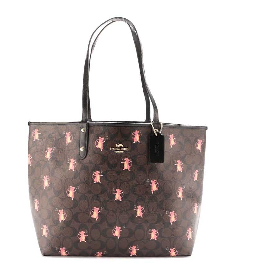 Coach City Reversible Tote in Party Mouse Signature Canvas and Black Leather