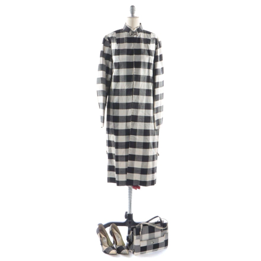 Black and White Checkered Silk Shantung Jacket, Pumps, and Handbag
