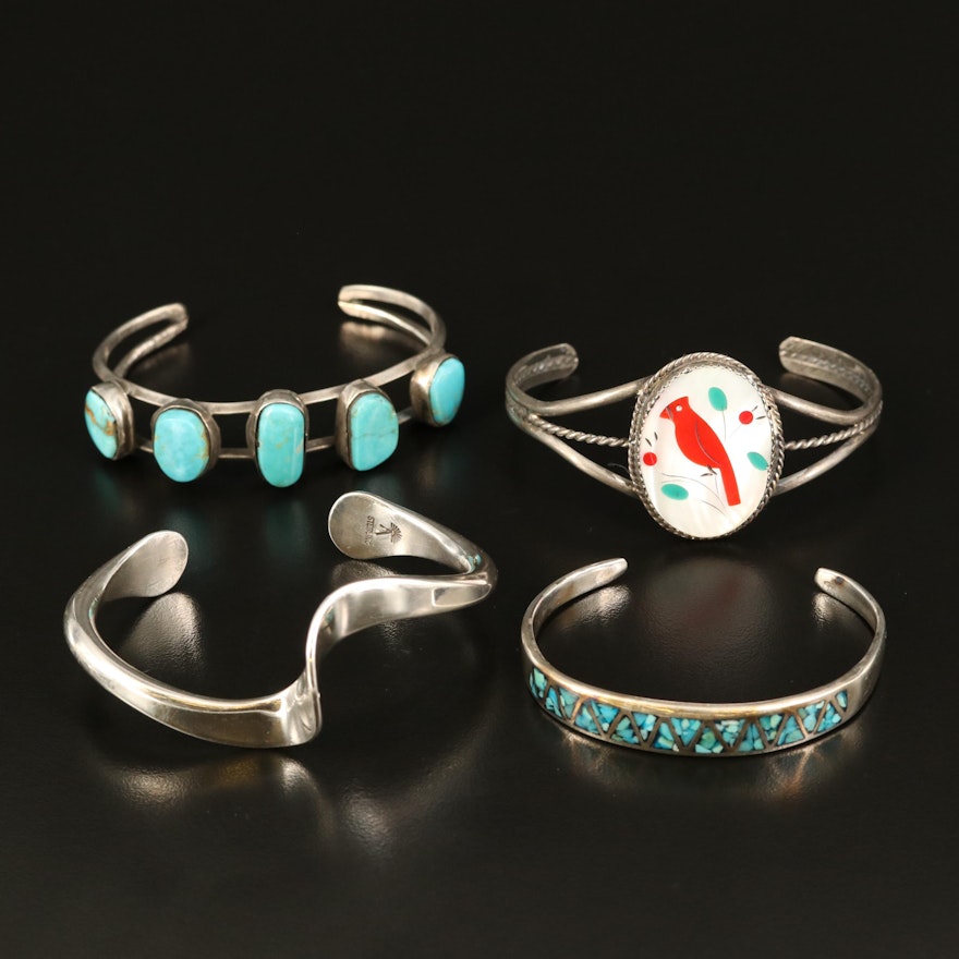 Southwestern Sterling Inlay and Twisted Cuffs with Turquoise and Mother of Pearl